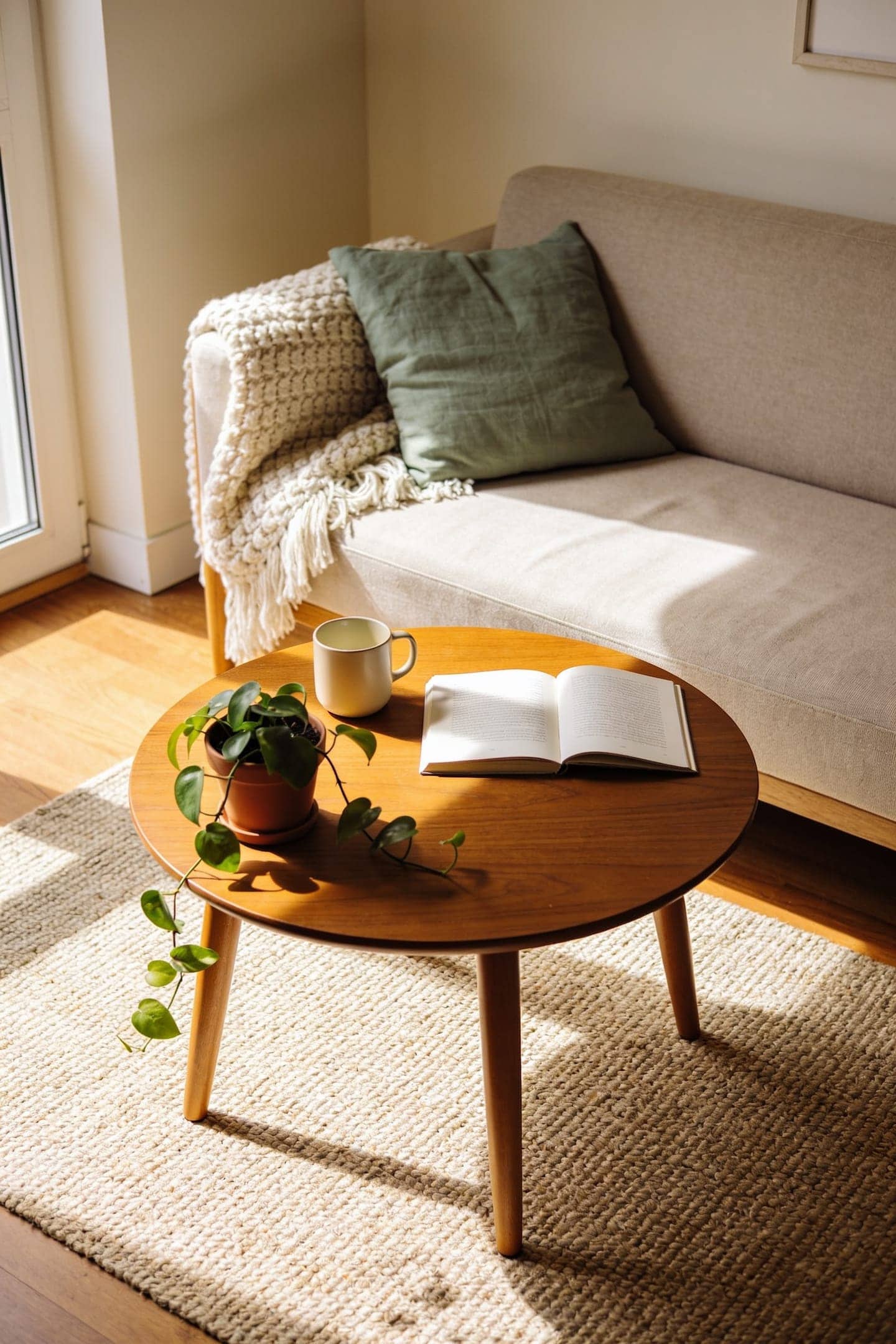 honey brown wood coffee table in front of an oatmeal linen sofa in a small sunlit living room