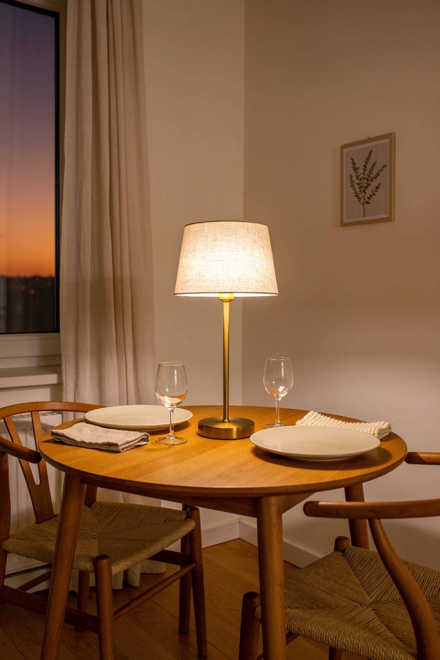 small brass cordless table lamp with a linen shade glowing warm on a console table with no outlet nearby