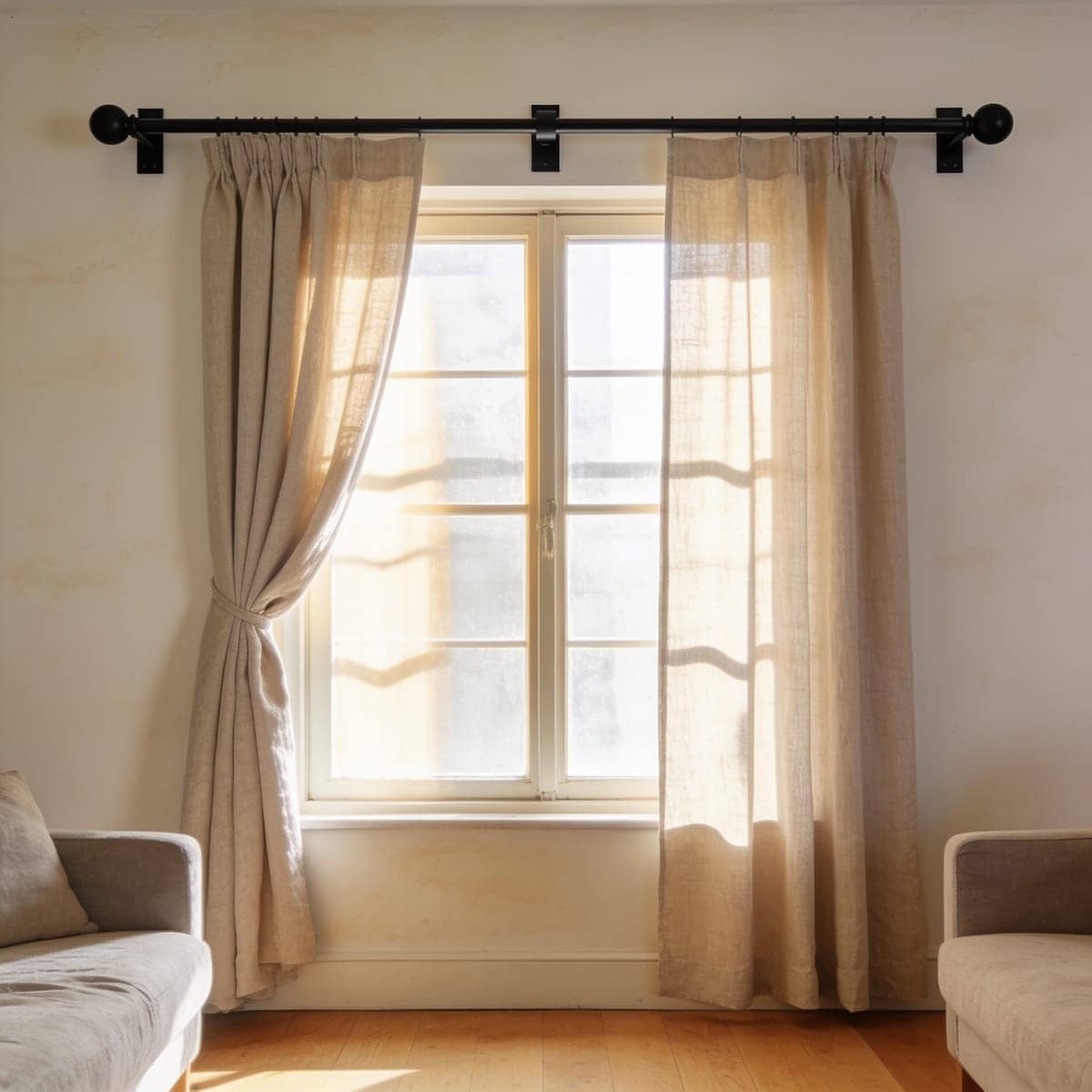 matte black adjustable curtain rod with a center support bracket