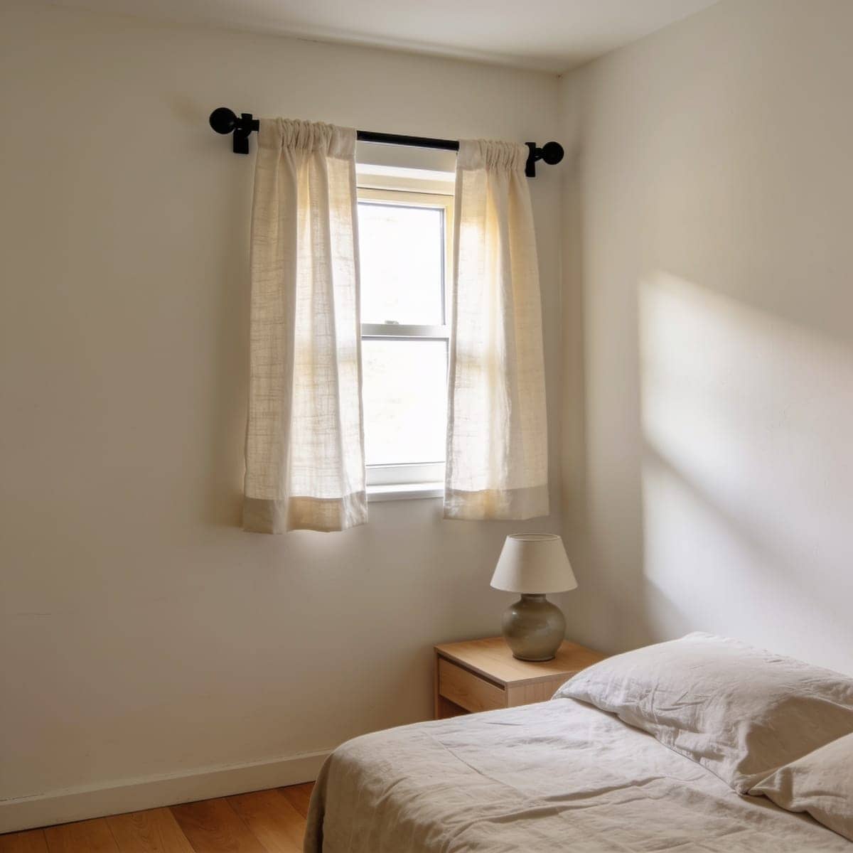 simple black one inch curtain rod over a small bedroom window