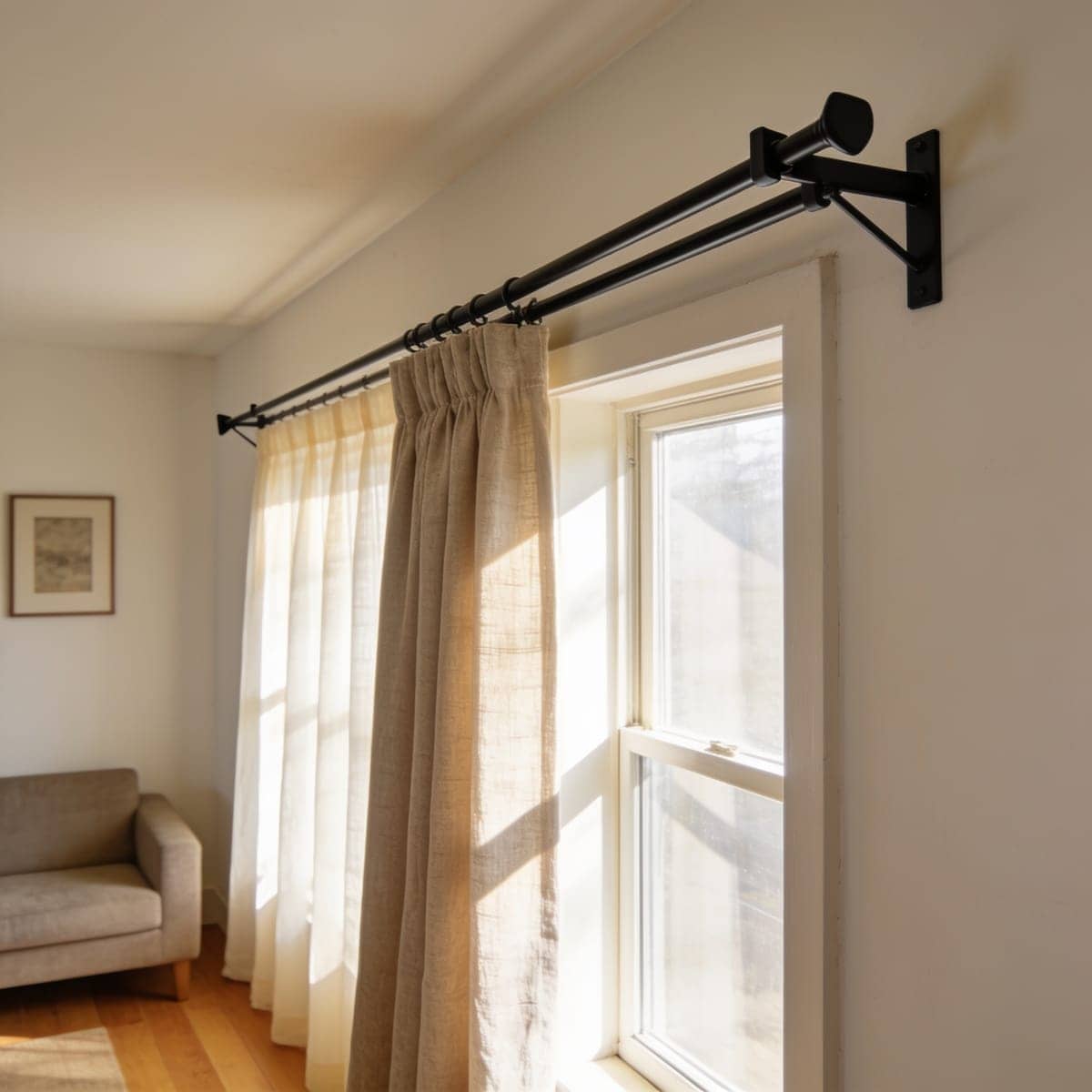 double curtain rod holding a sheer panel behind a heavier curtain