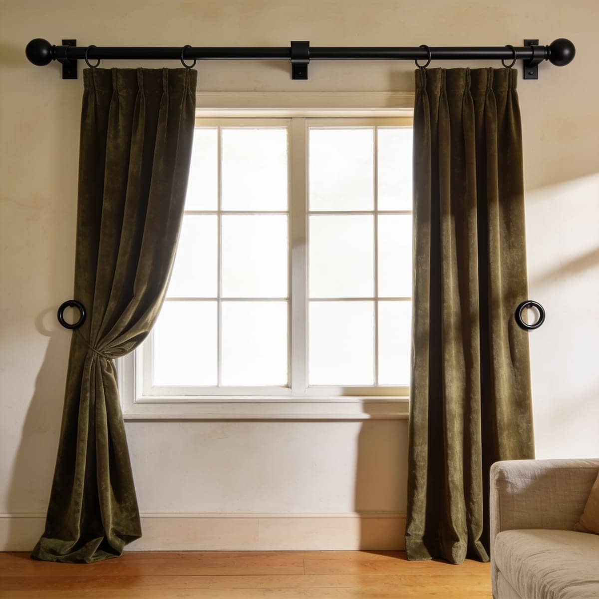 thick one and a quarter inch black curtain rod holding heavy velvet curtains