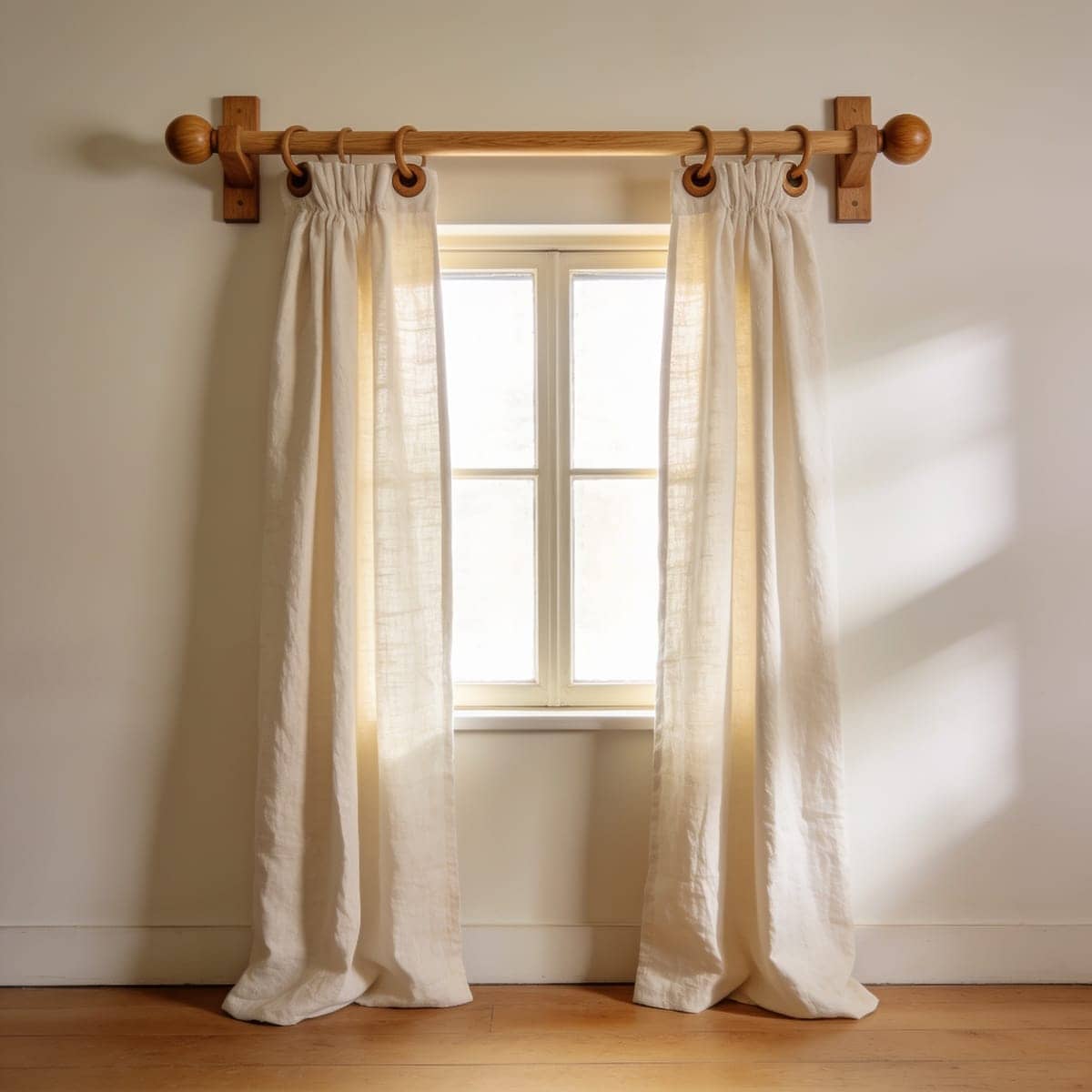 natural wood curtain rod with wooden brackets above a window