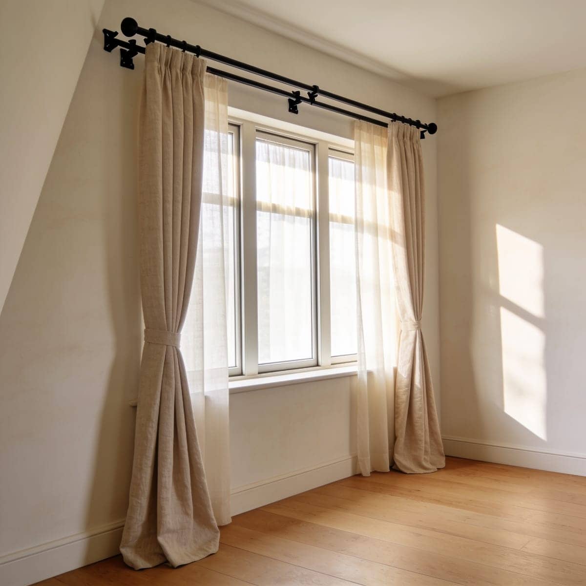 long heavy duty double curtain rod across a wide living room window