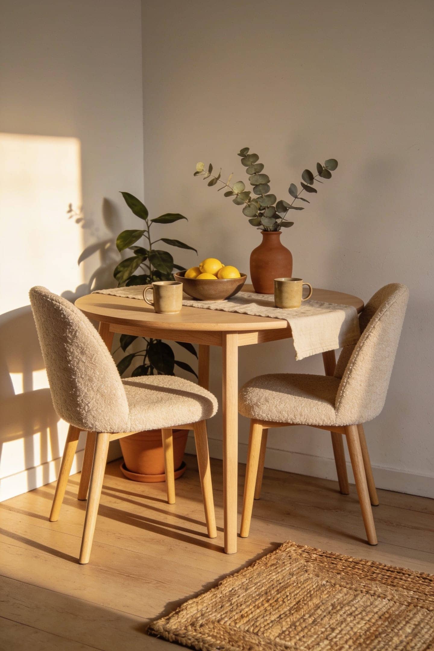 pair of boucle upholstered dining chairs at a small wood table