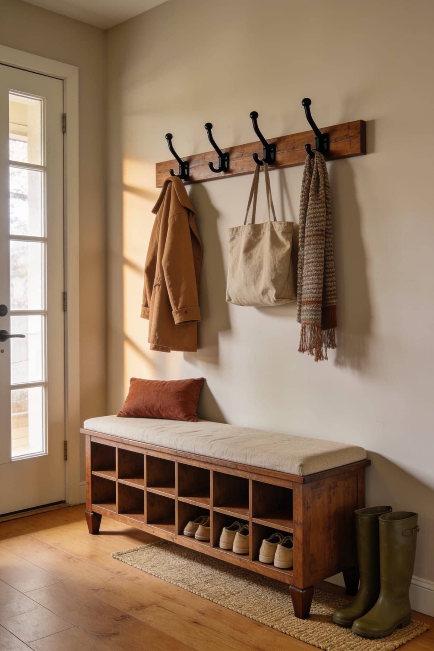 narrow entryway with a cushioned shoe storage bench, coat hooks above and boots lined underneath