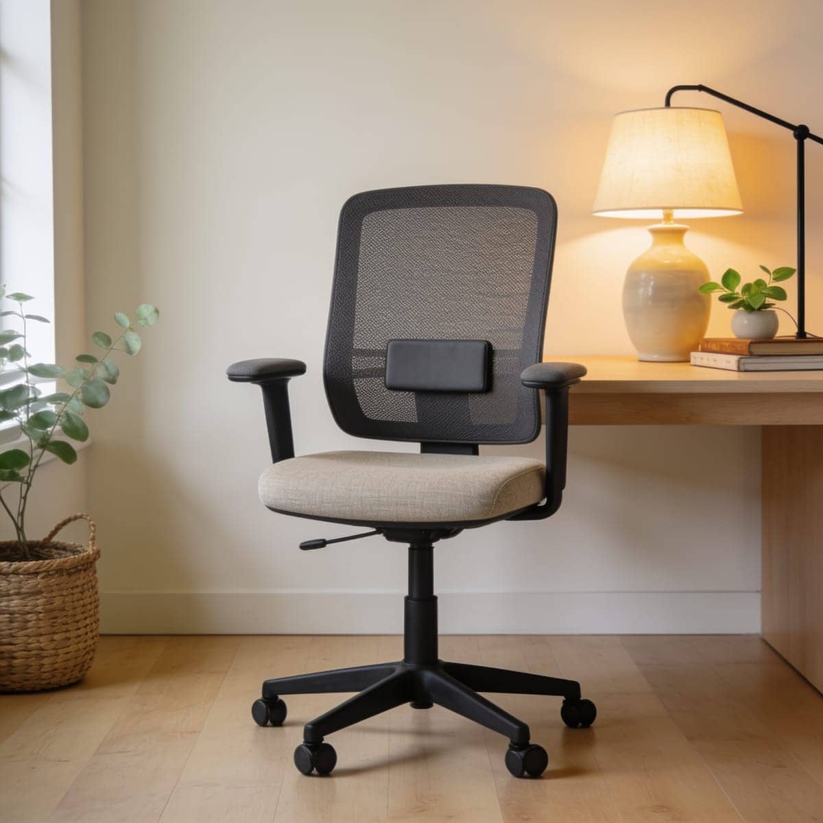 grey ergonomic mesh office chair at a light wood desk