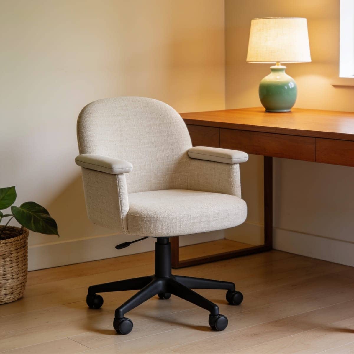 cream upholstered swivel desk chair in a warm neutral home office