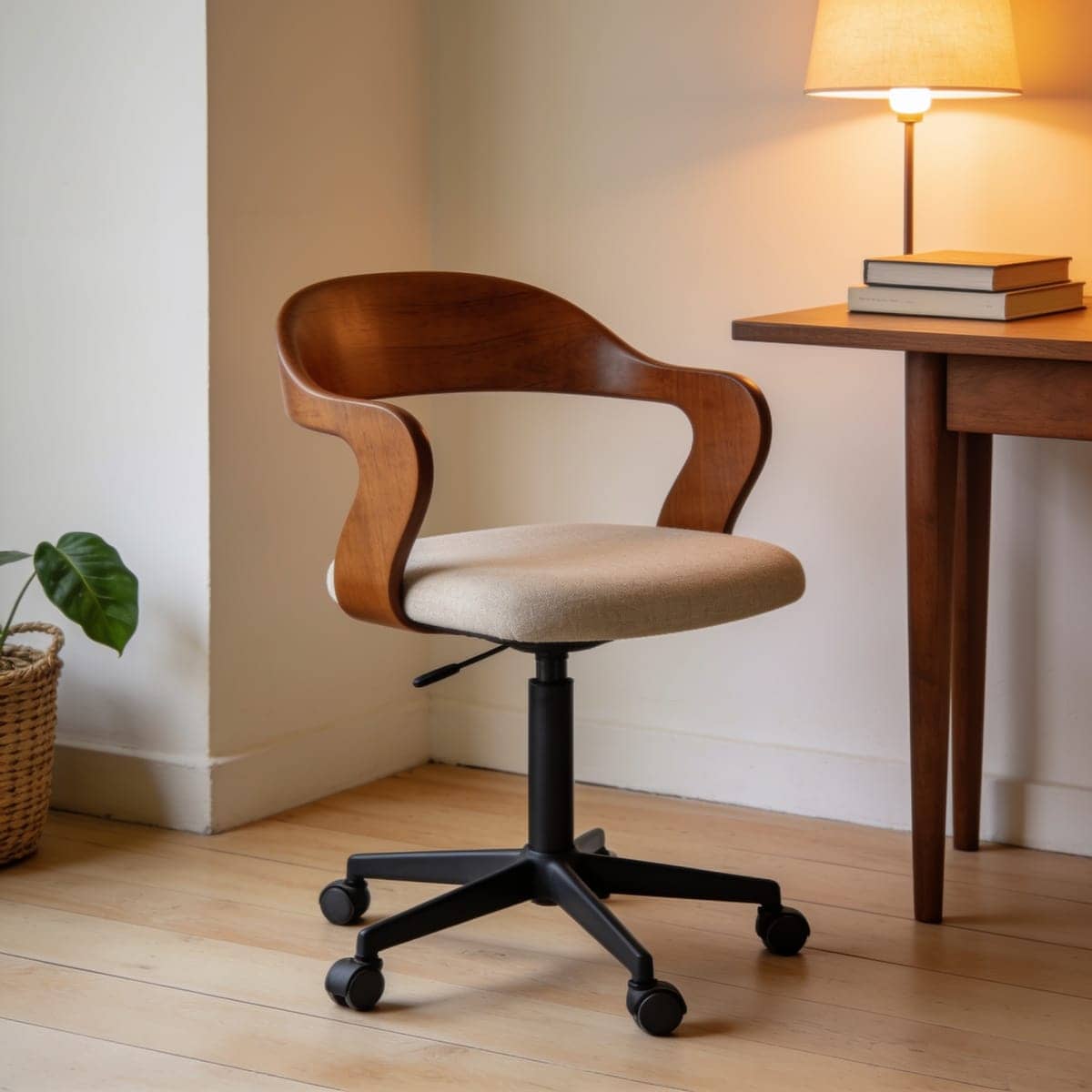 mid century walnut wood desk chair with a padded seat