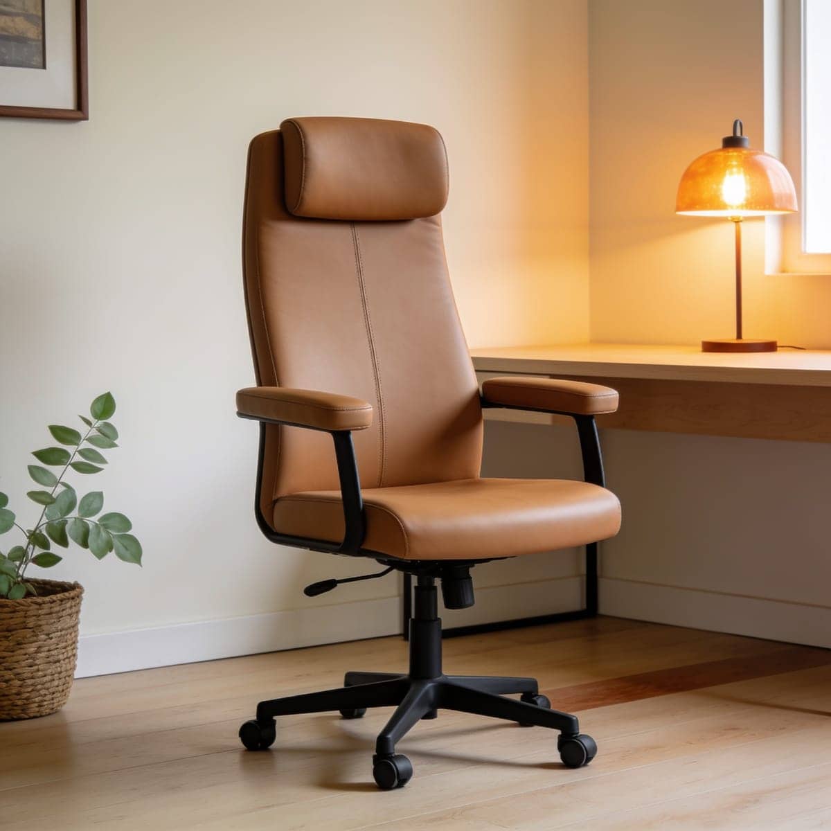 tan faux leather high back office chair by a window
