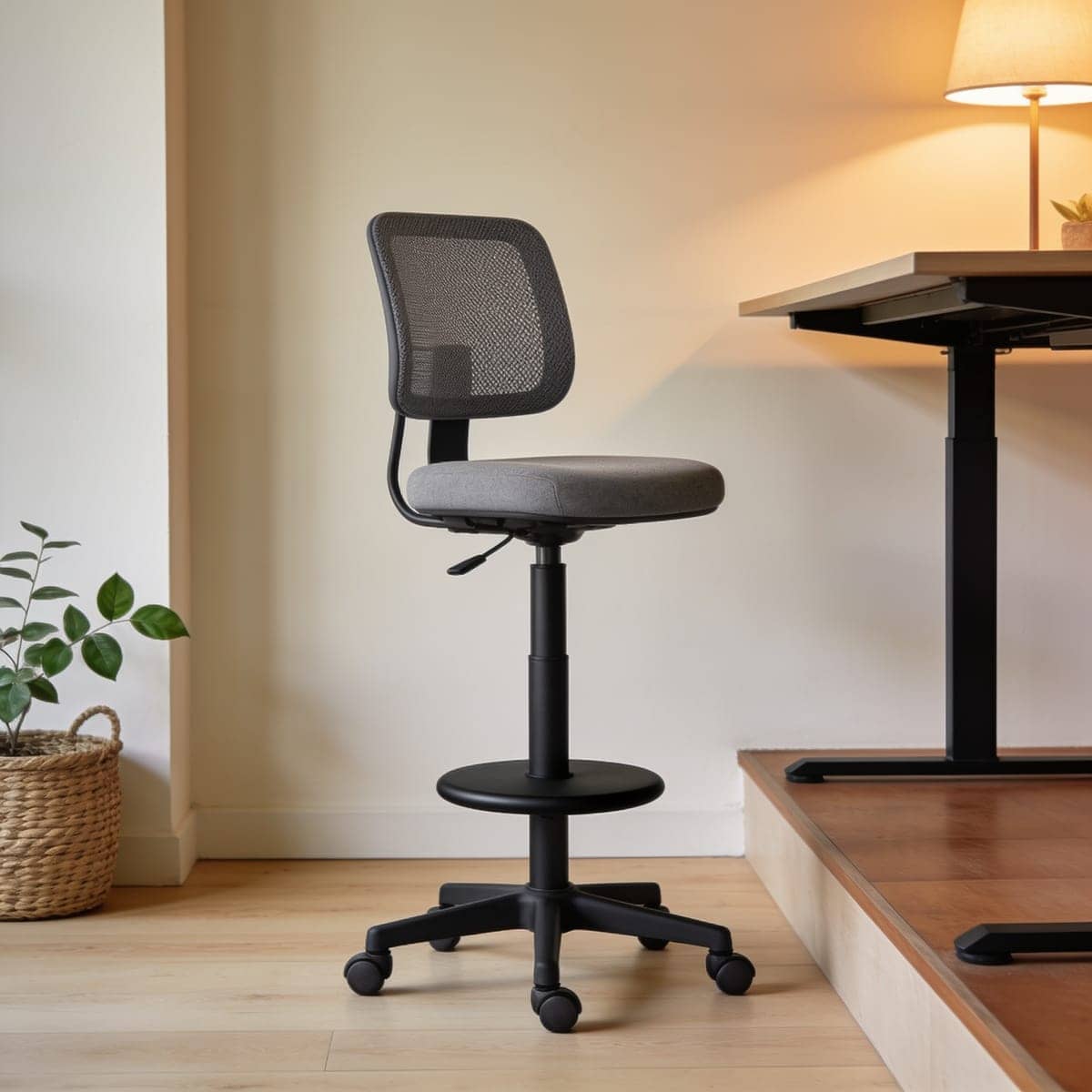 tall drafting chair with a footring at a raised standing desk