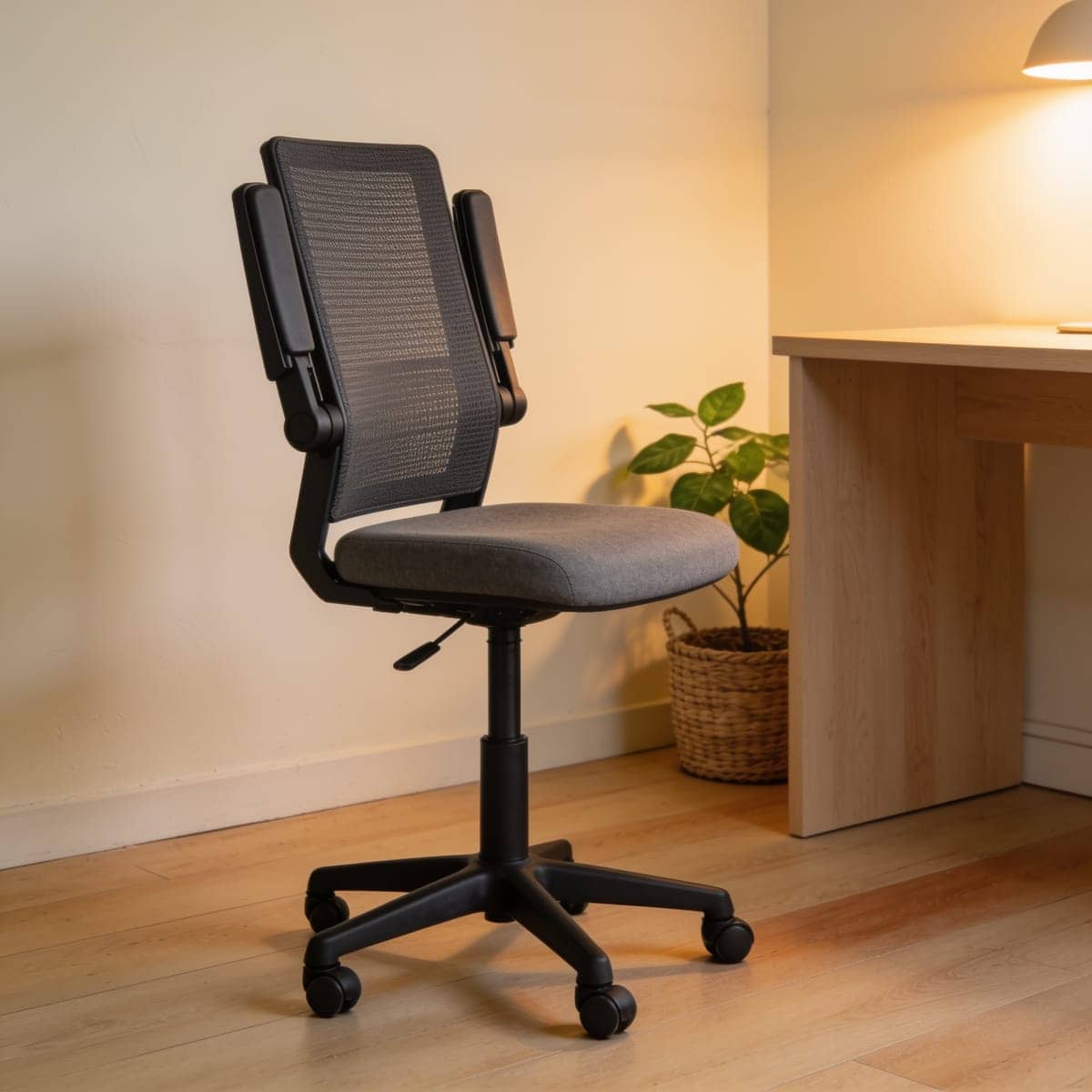 office chair with flip-up armrests pushed fully under a desk