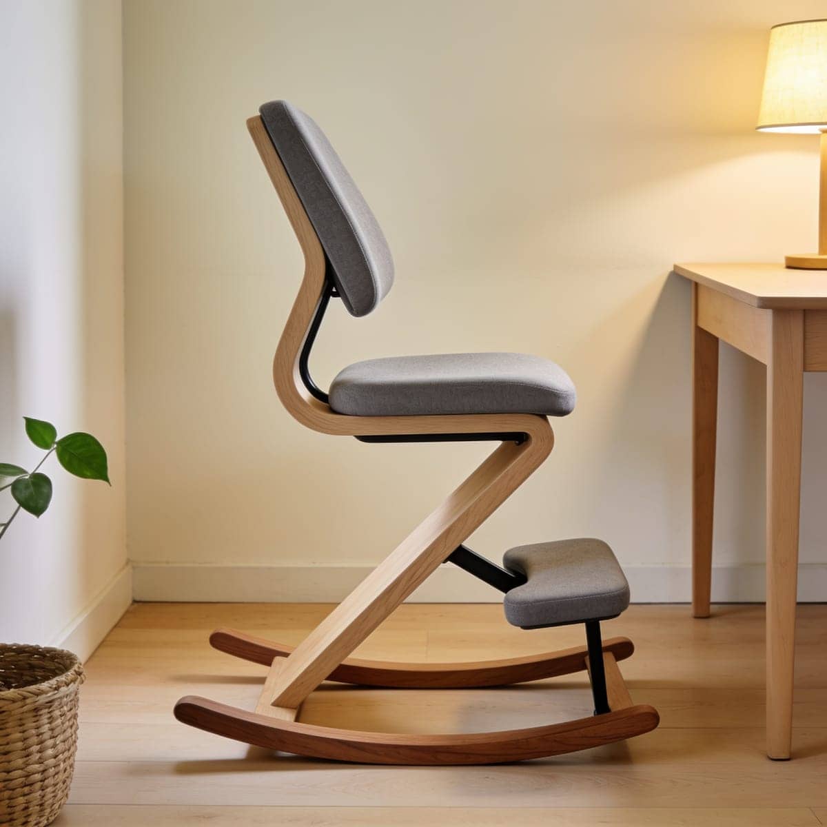 wooden kneeling posture chair with a padded seat and shin rest