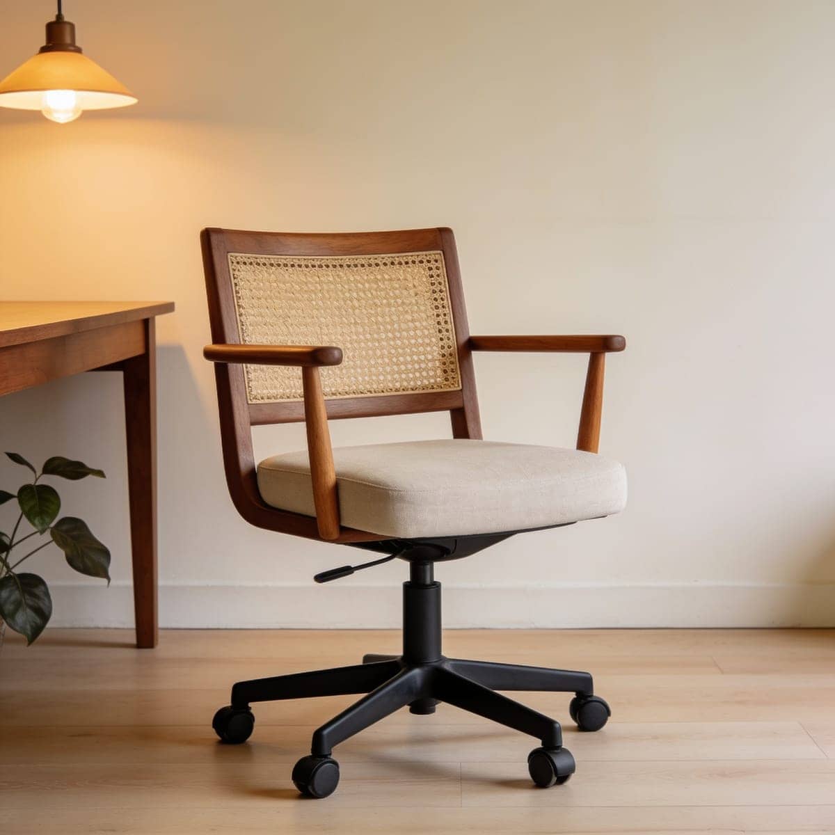 cane back swivel desk chair with a rattan panel and wood frame