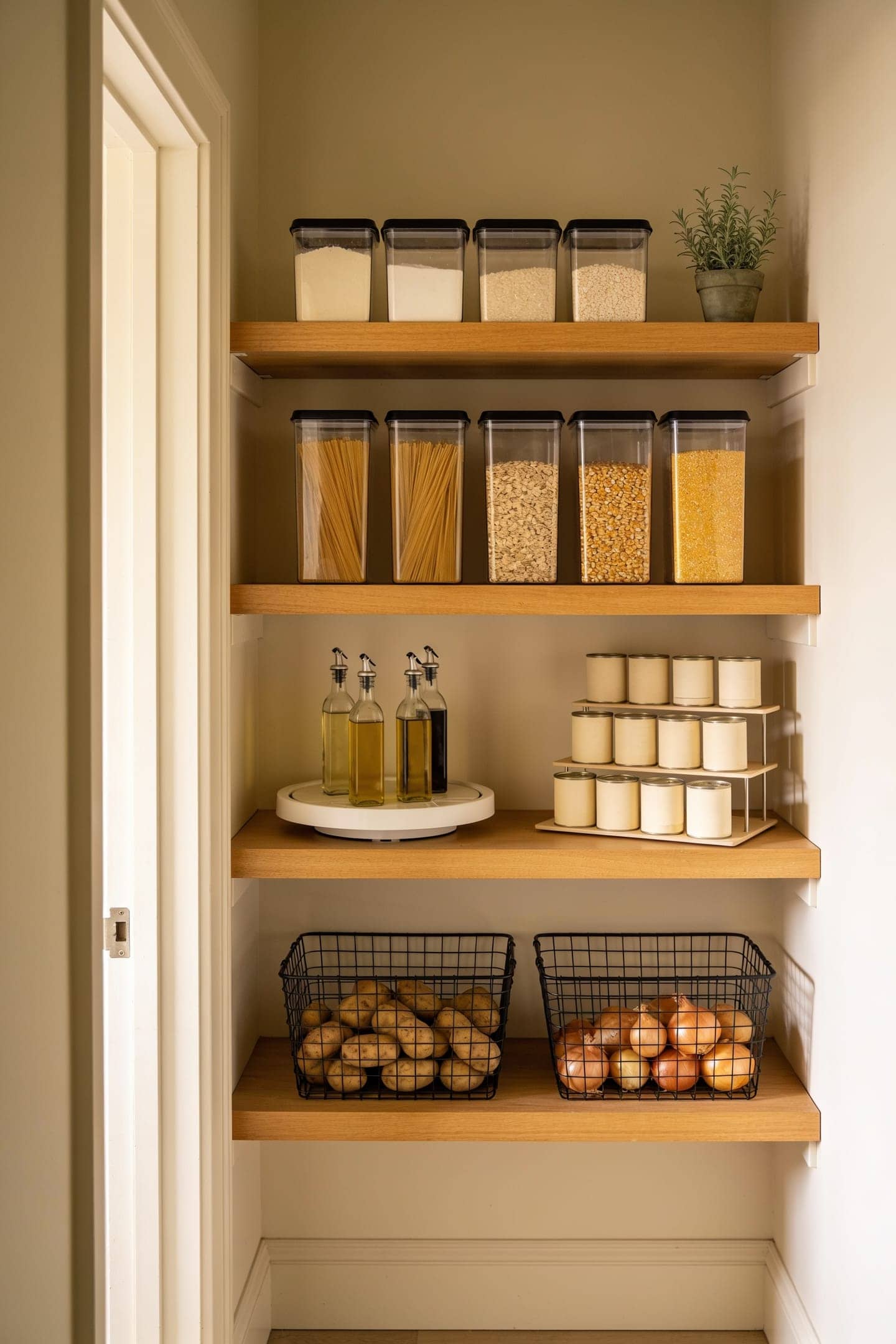 pantry shelves lined with clear airtight containers, a lazy susan and a tiered can rack