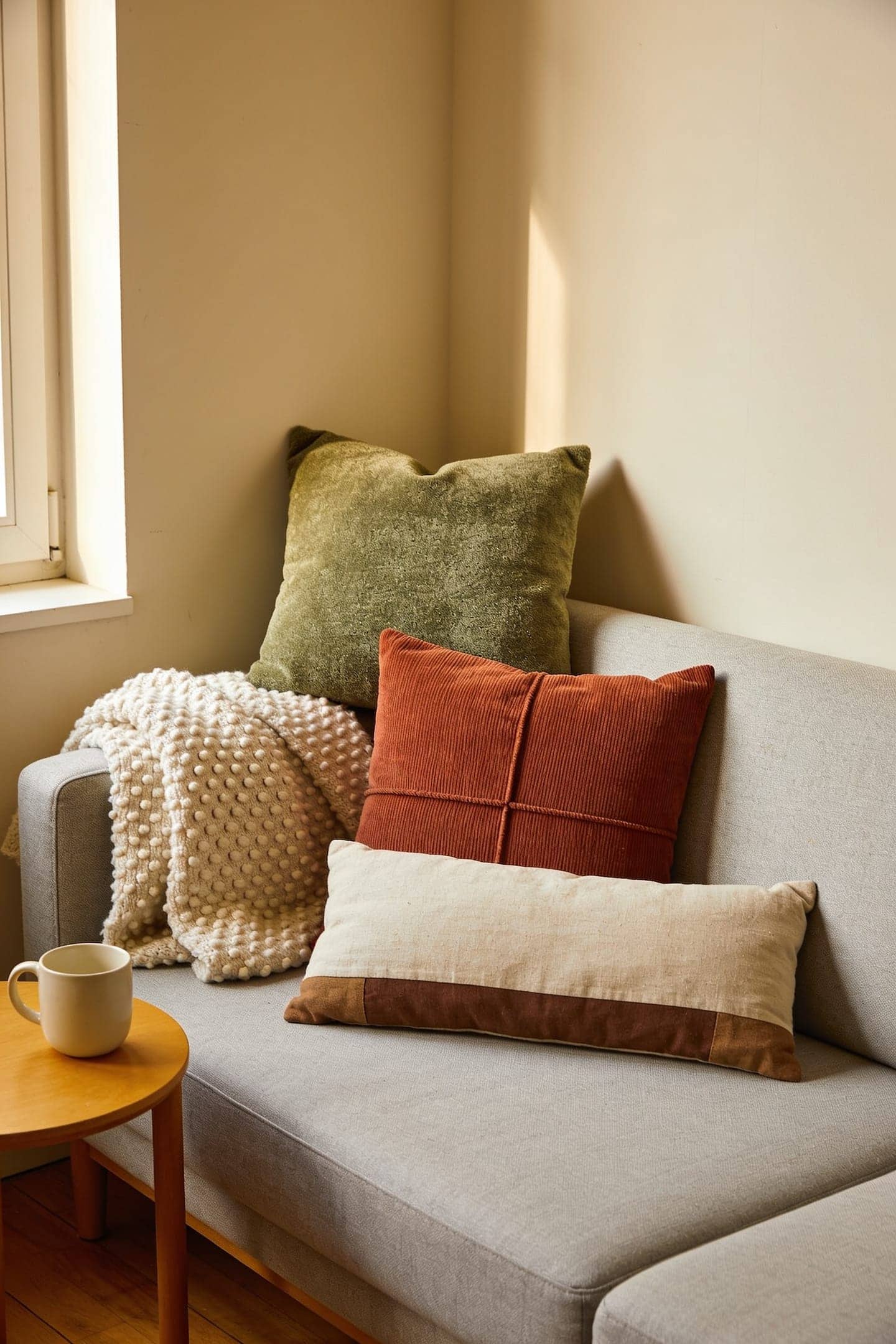 light gray sofa styled with sage green, rust and cream throw pillows and a lumbar pillow in the middle