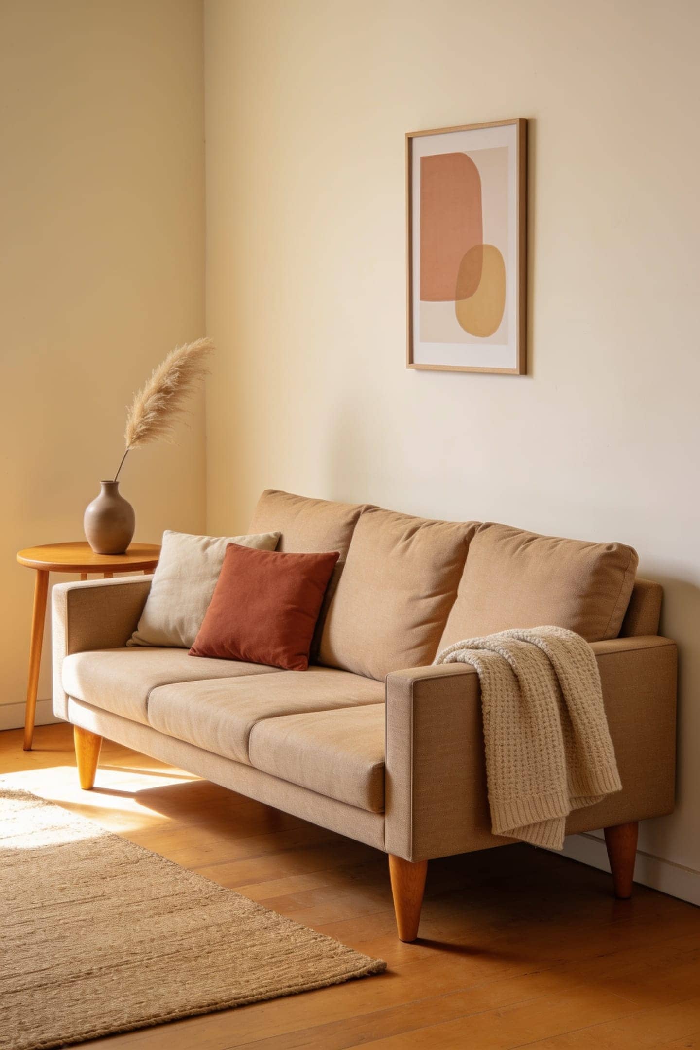 sand beige track arm sofa against a warm cream wall in a small sunlit living room