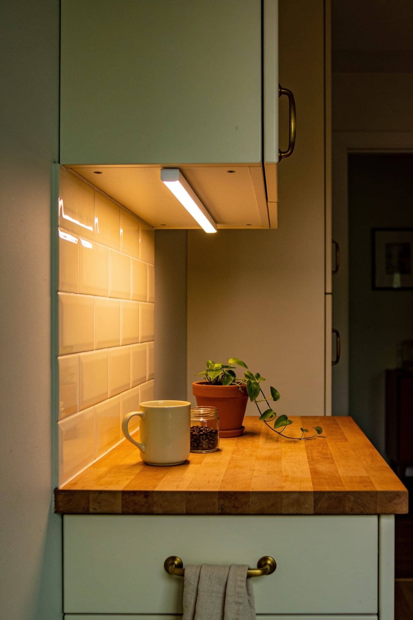 warm under cabinet light bars glowing over a small kitchen counter with a cutting board and a bowl of lemons