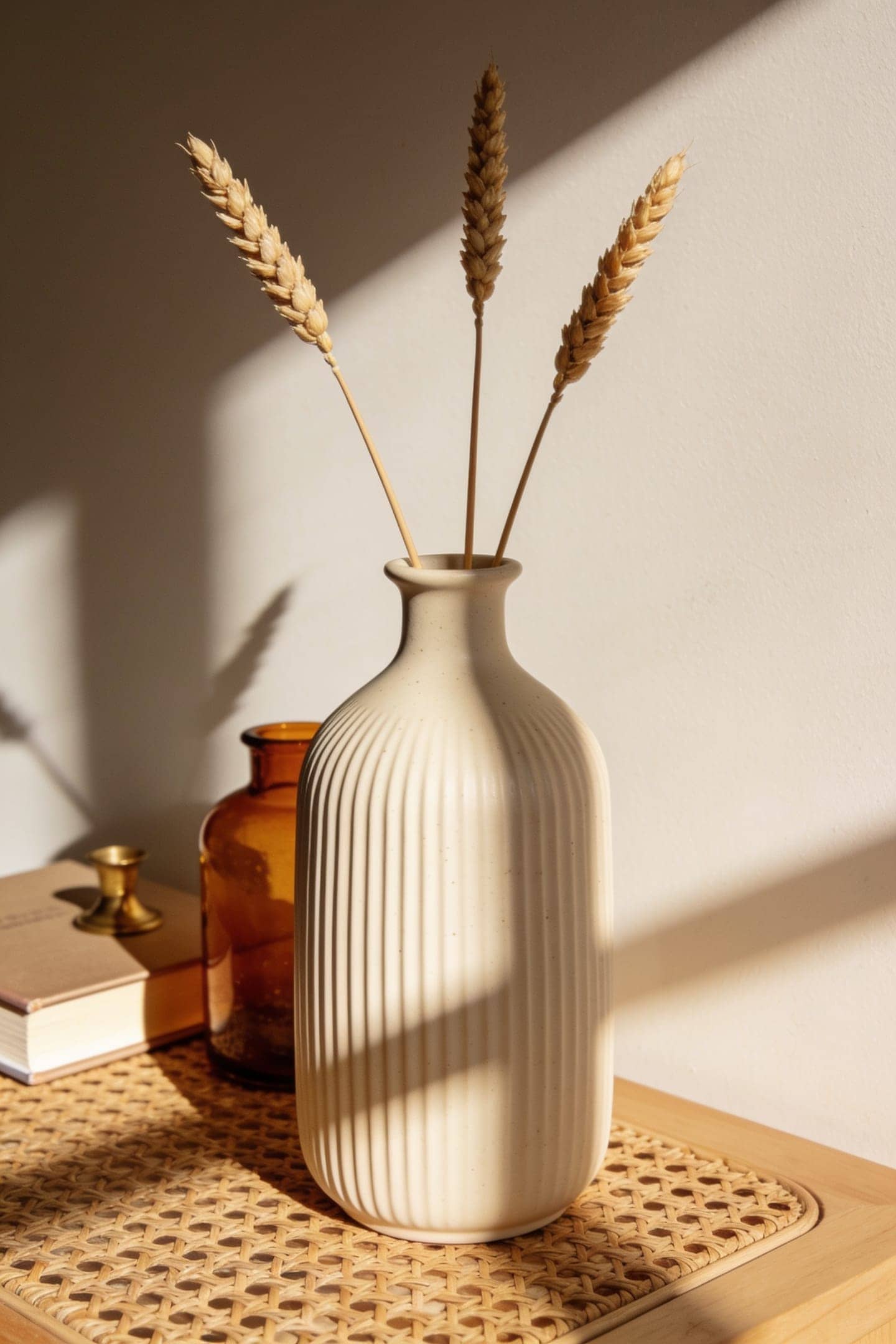 ribbed ceramic vase with dried stems on a warm mantel