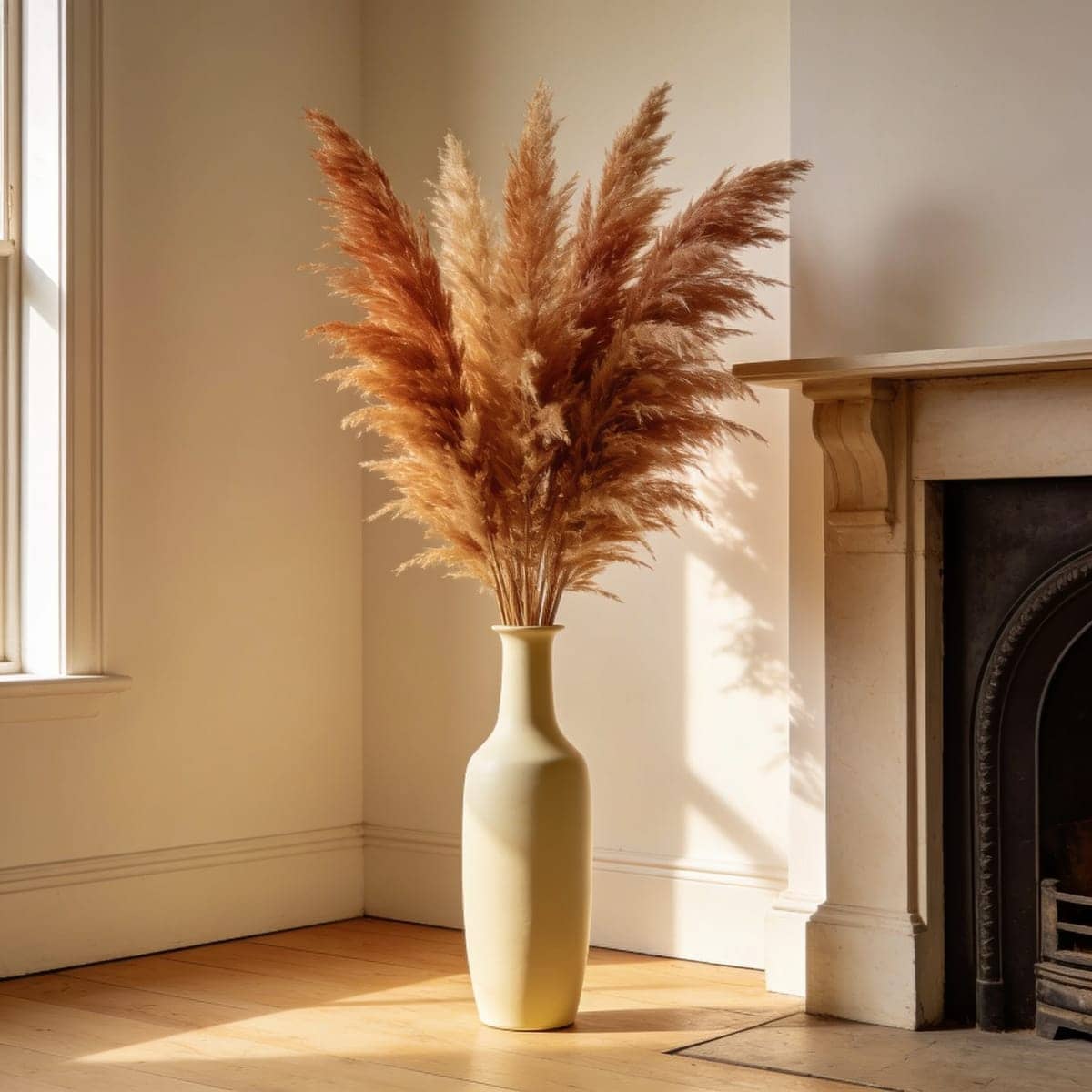 tall ceramic floor vase with pampas grass beside a fireplace