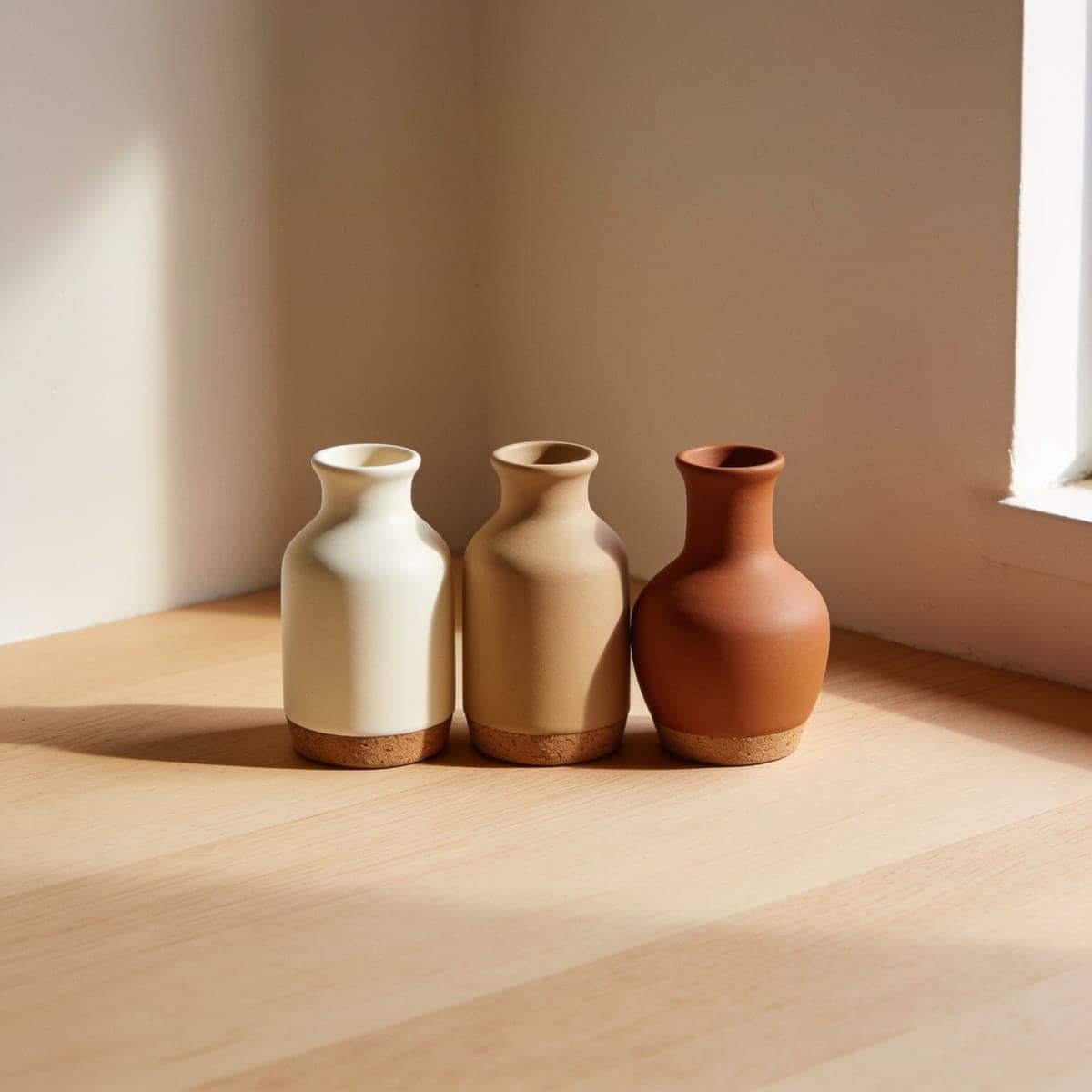 set of three small neutral ceramic vases in different shapes
