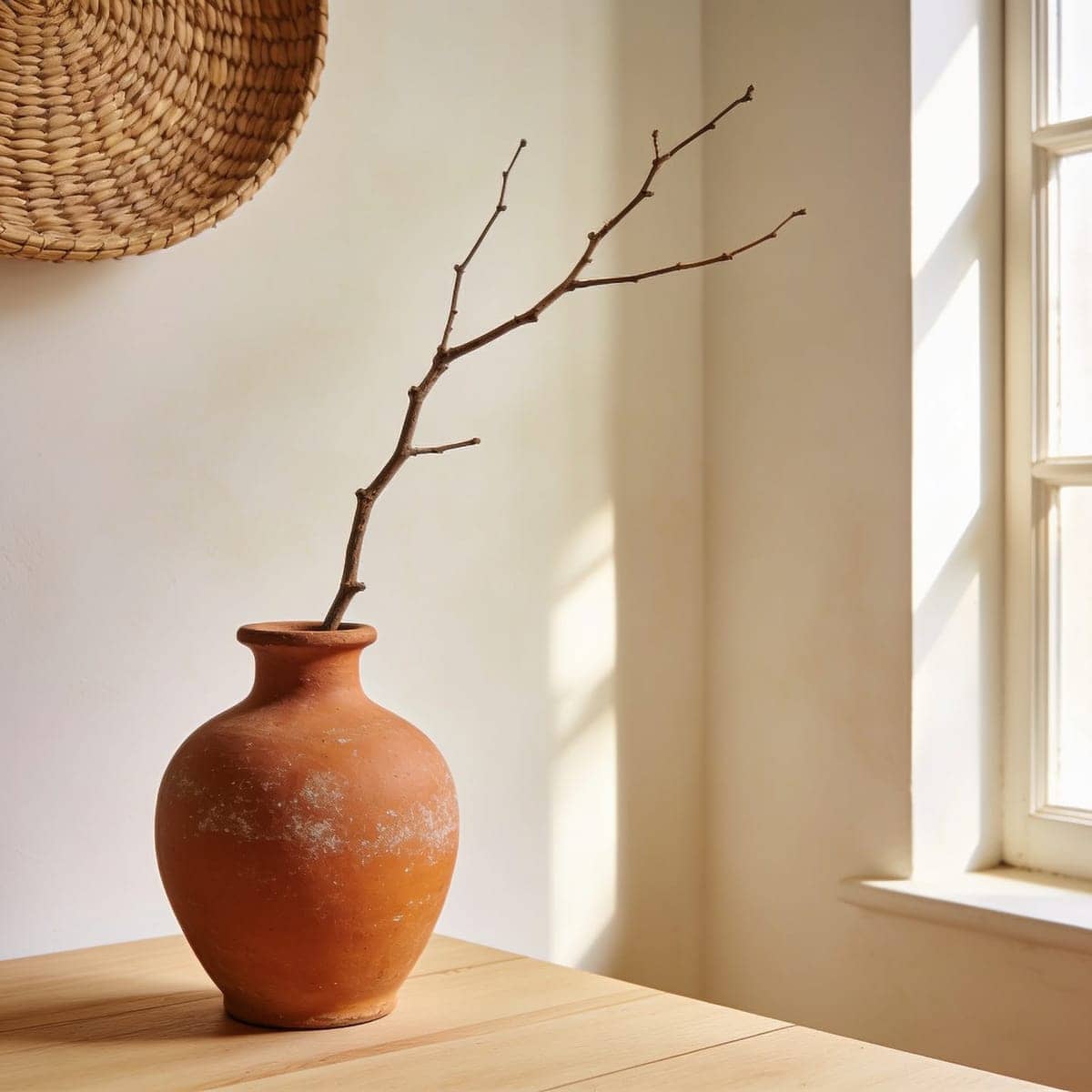 rustic terracotta clay vase on a wood shelf in warm light
