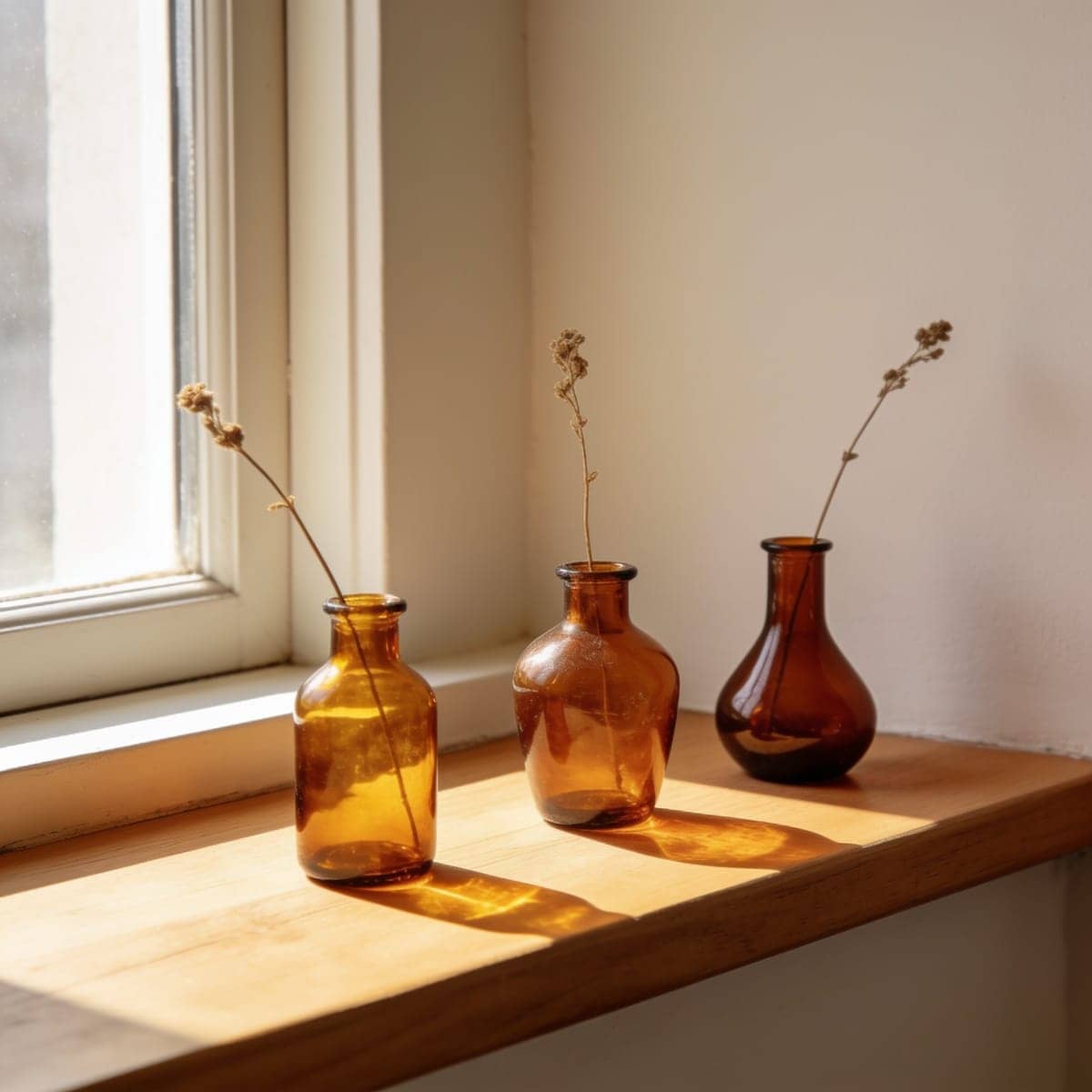 set of amber glass bud vases with single dried stems on a windowsill