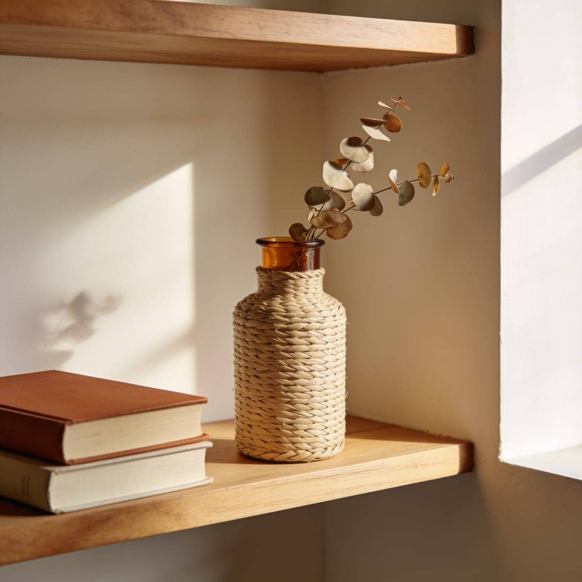 rattan wrapped vase with dried eucalyptus stems