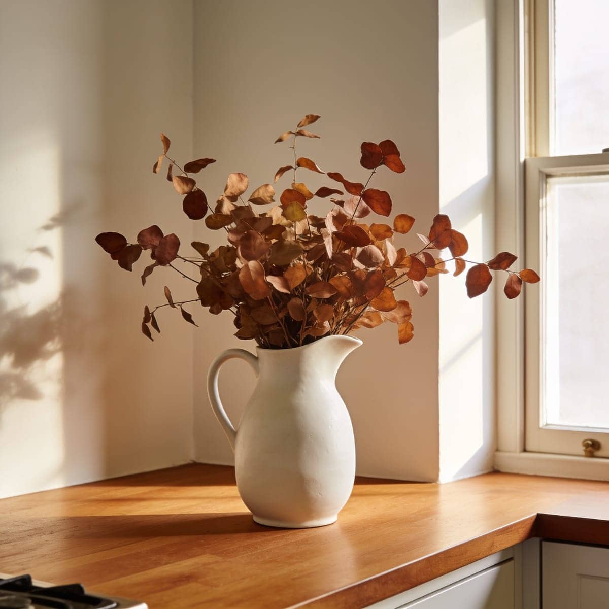 white ceramic pitcher vase with branches on a kitchen table
