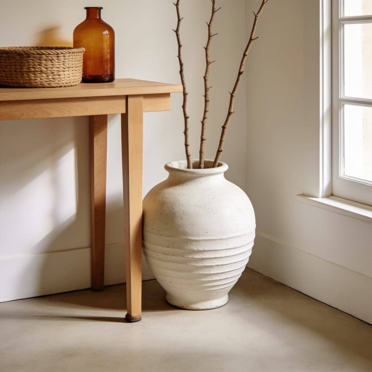 oversized textured white ceramic urn vase on the floor beside a console