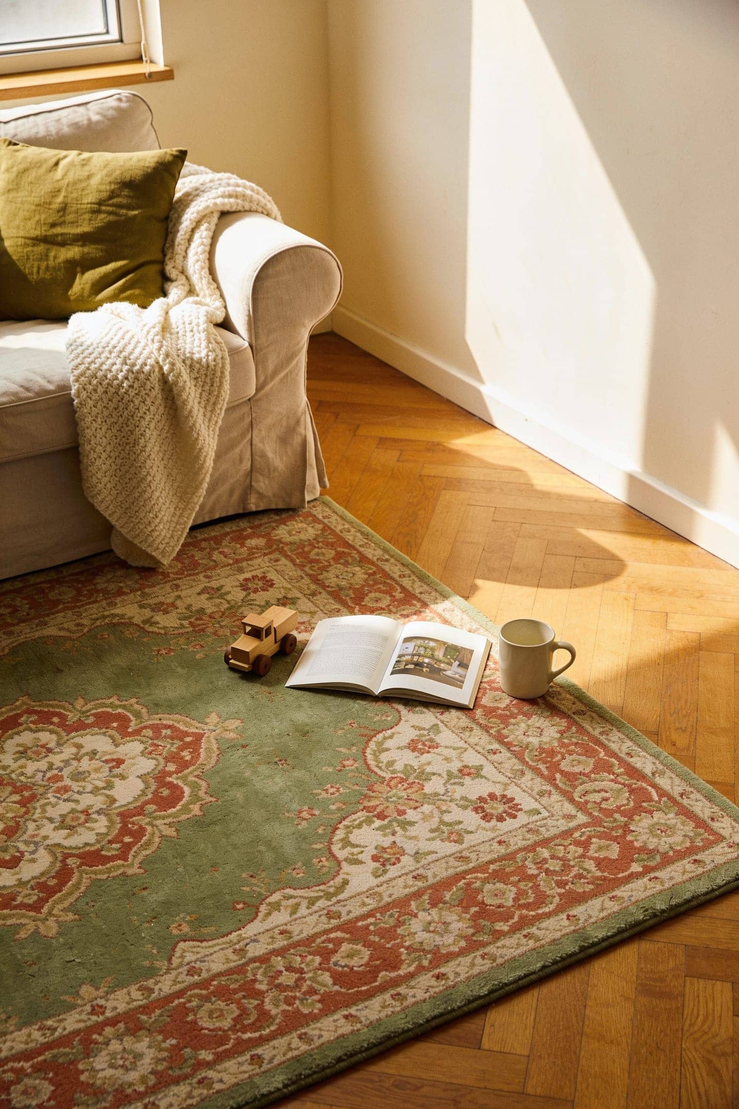 vintage sage and terracotta washable area rug under a coffee table in a sunny small living room