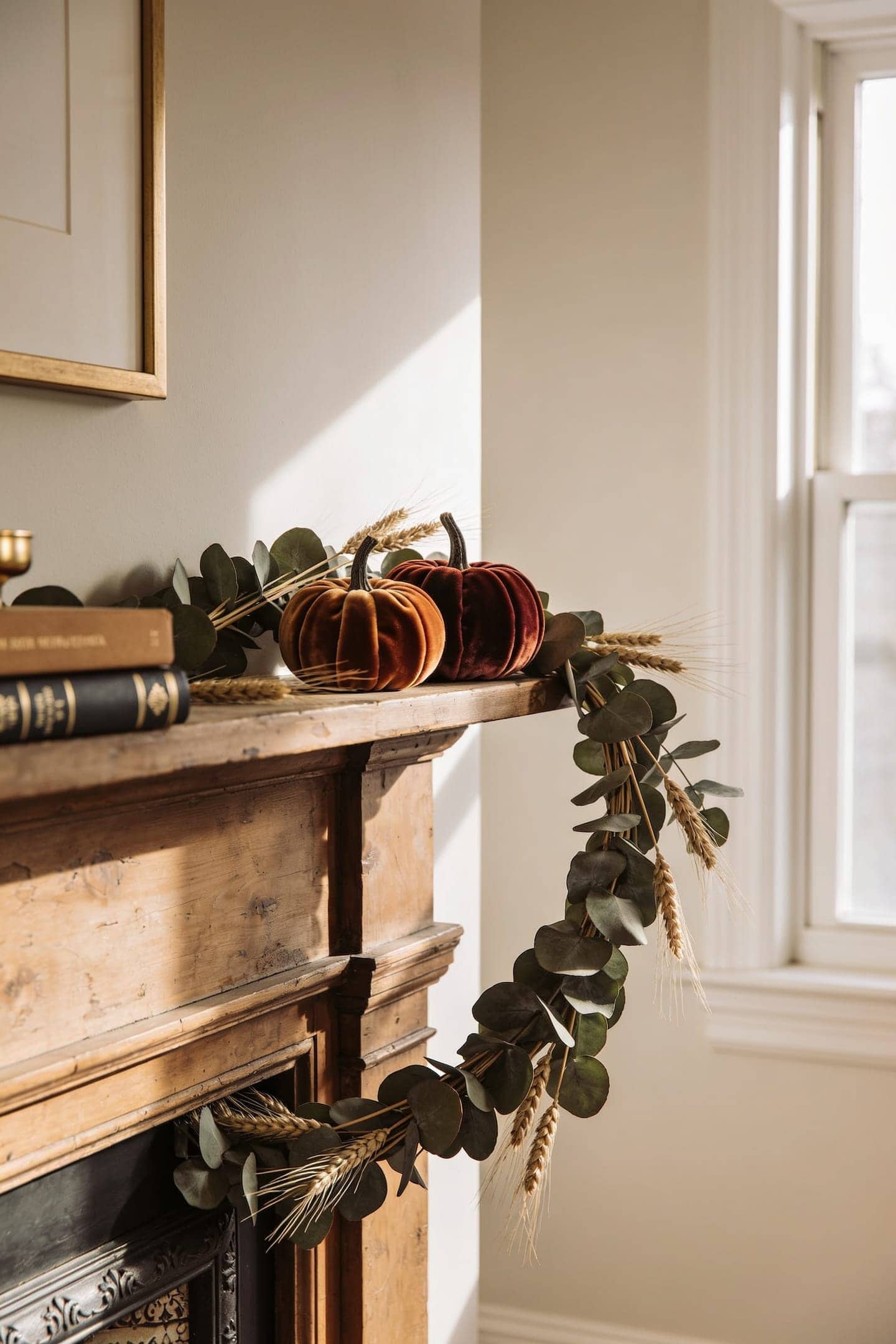 styled fall mantel with a leaning frame, vase cluster and brass candlesticks