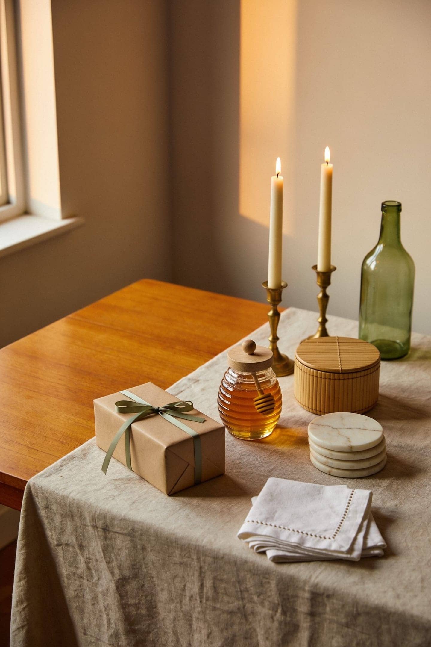 small wrapped hostess gifts on a dining table set for dinner, with beeswax tapers and linen napkins