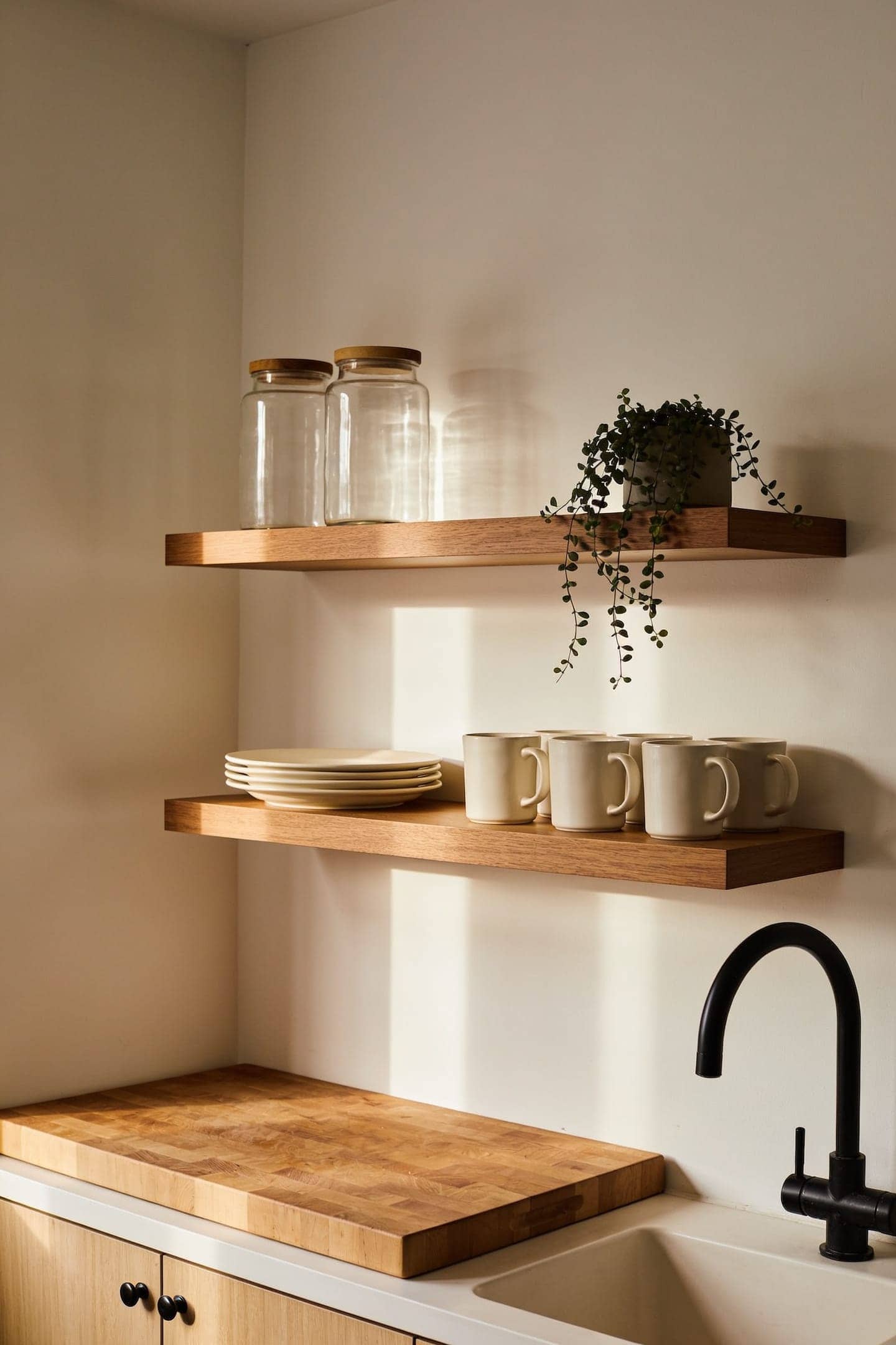 two open wood shelves above a rental kitchen counter, styled with stacked white plates and glass canisters