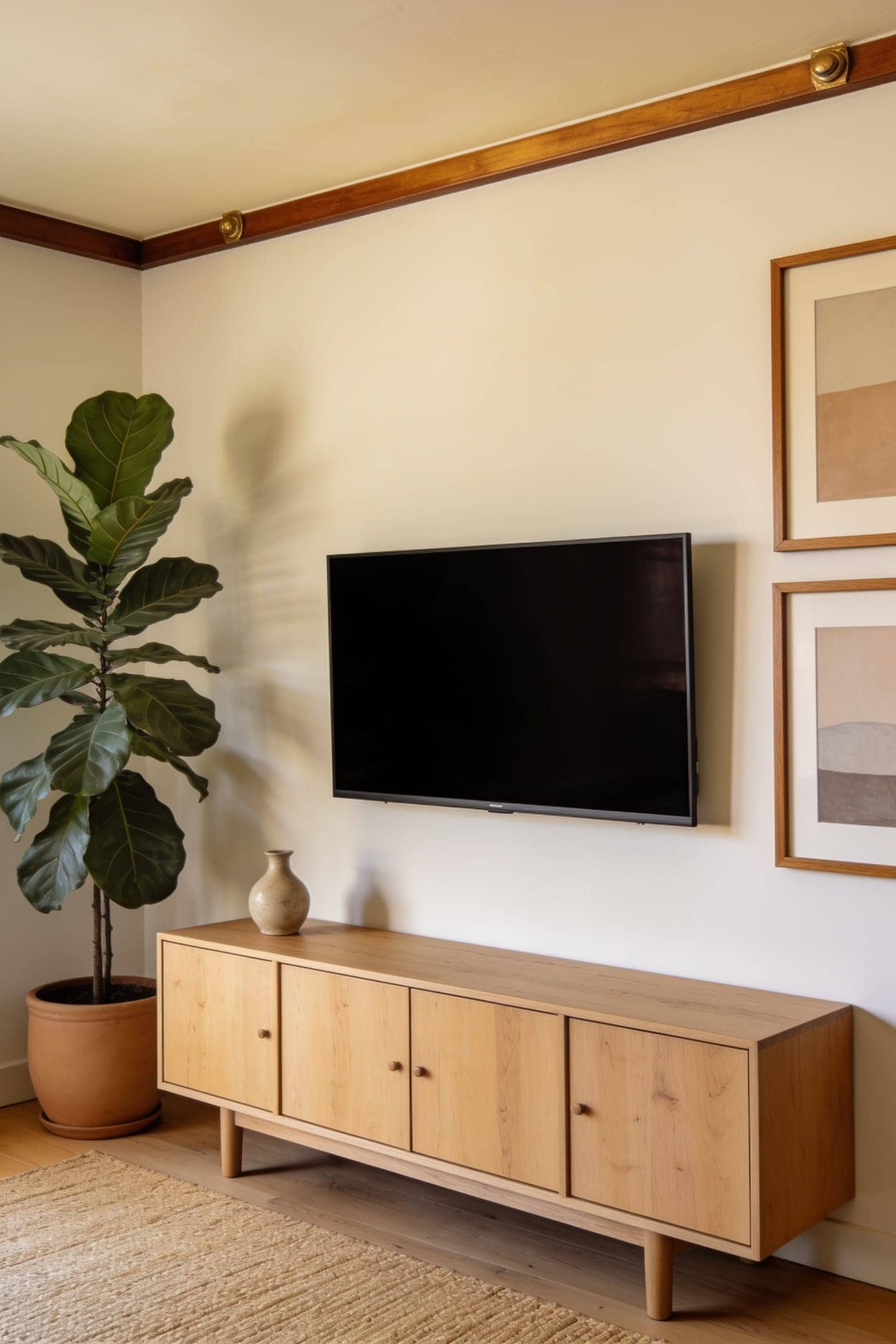 TV wall balanced by a tall plant and stacked frames in a warm living room