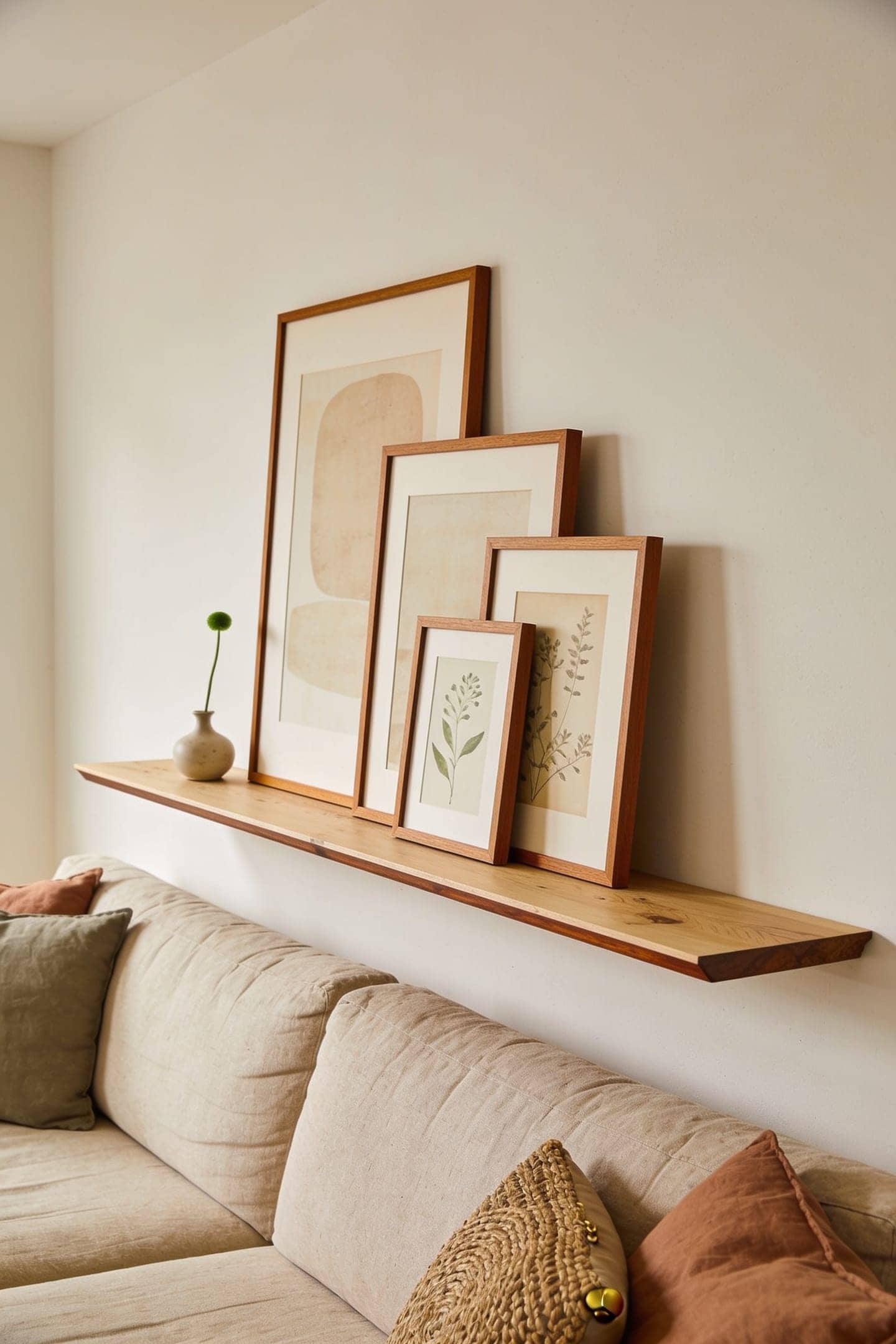 long picture ledge with layered leaning frames above a sofa