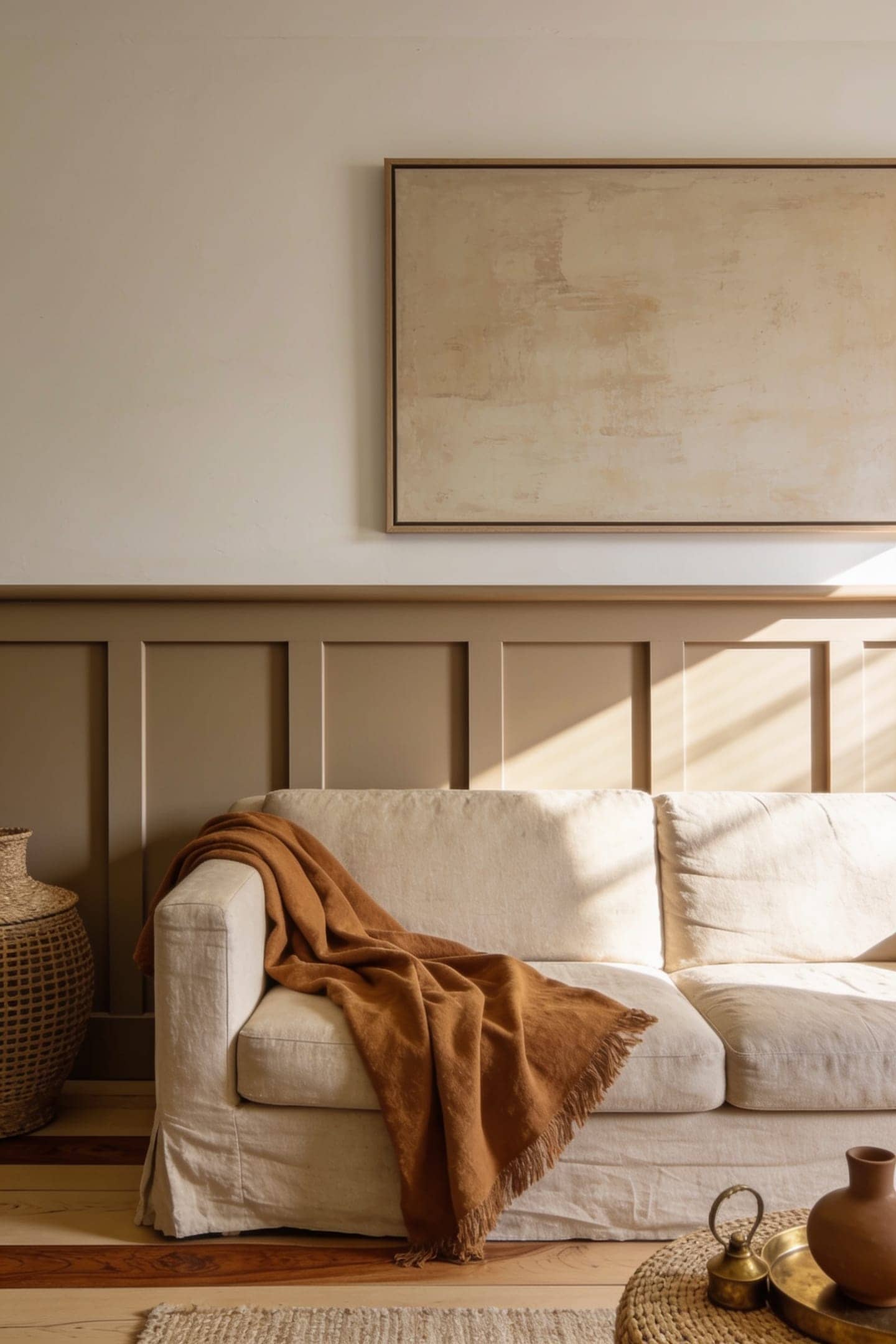 faux board and batten on the lower wall behind a sofa, painted warm greige