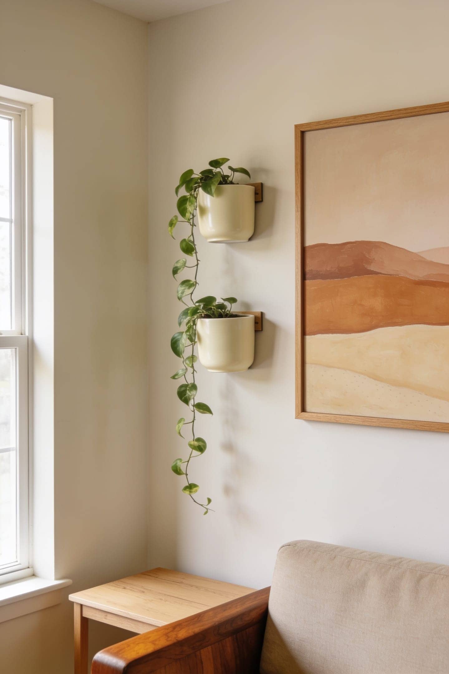 trailing plants in wall planters at eye level beside framed art