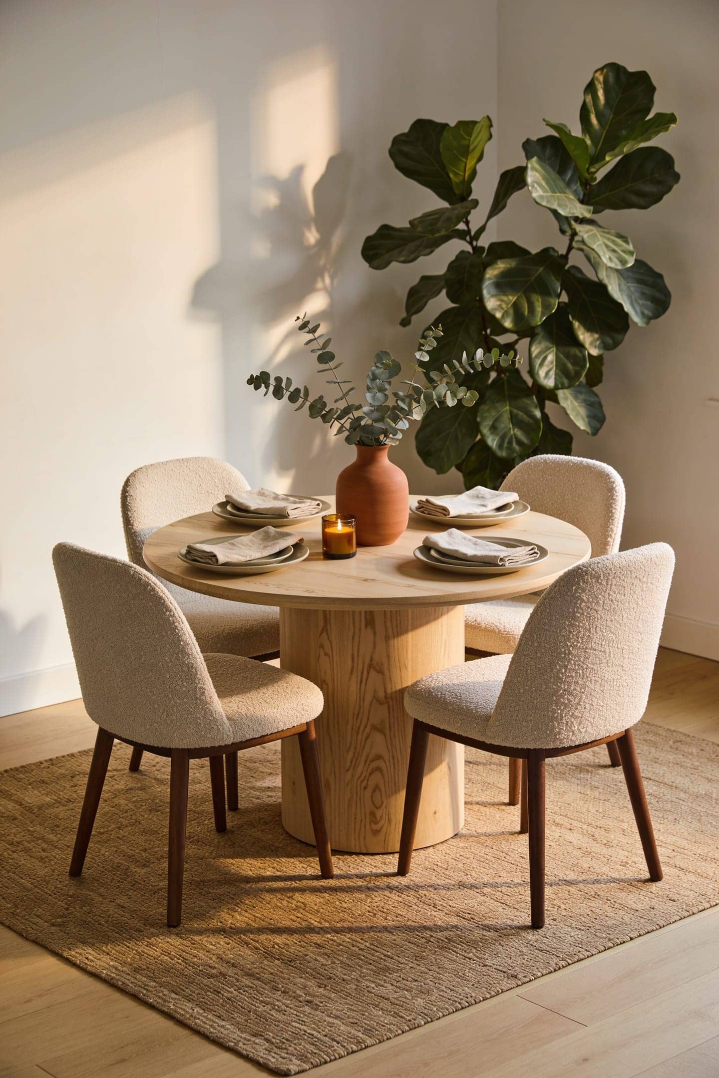 small dining nook with a round wood table and two upholstered chairs