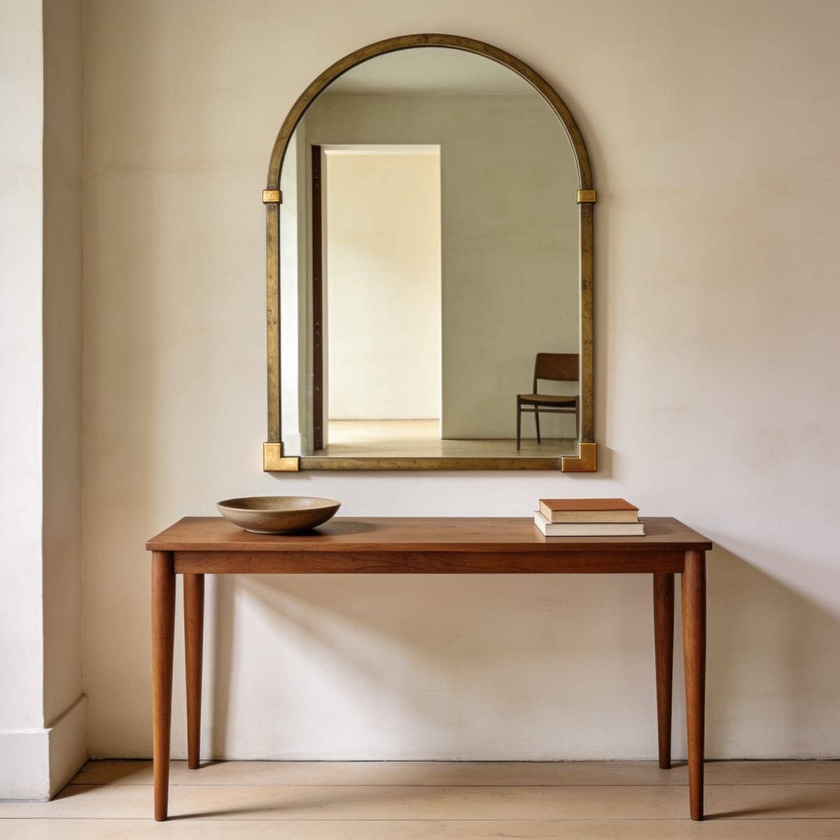 arched wall mirror hung above a narrow entryway console table