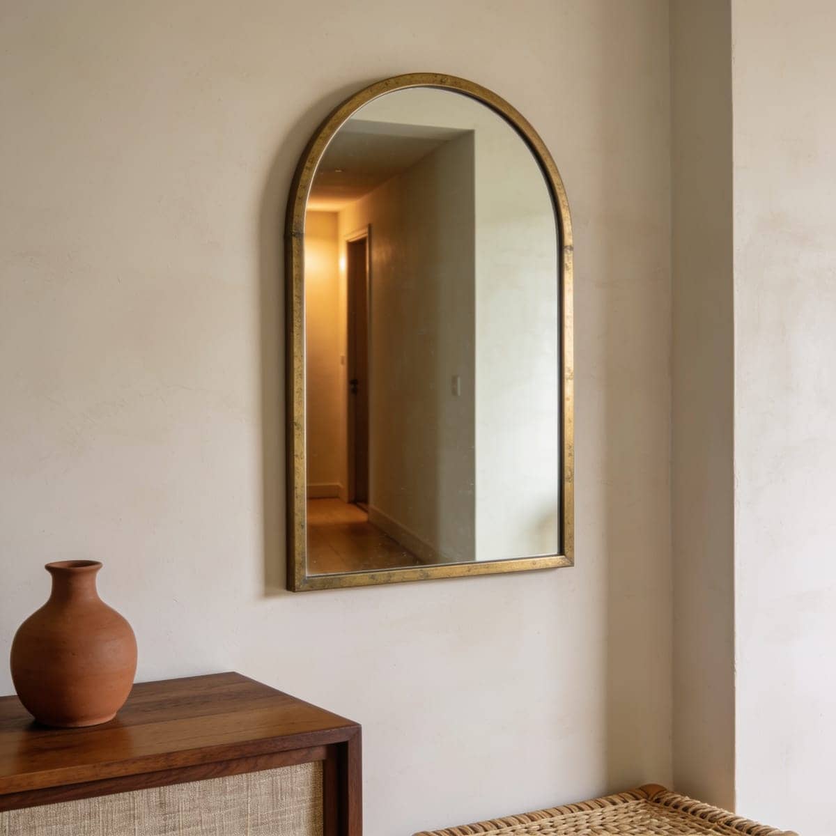 aged brass arched mirror above a wood console in warm light