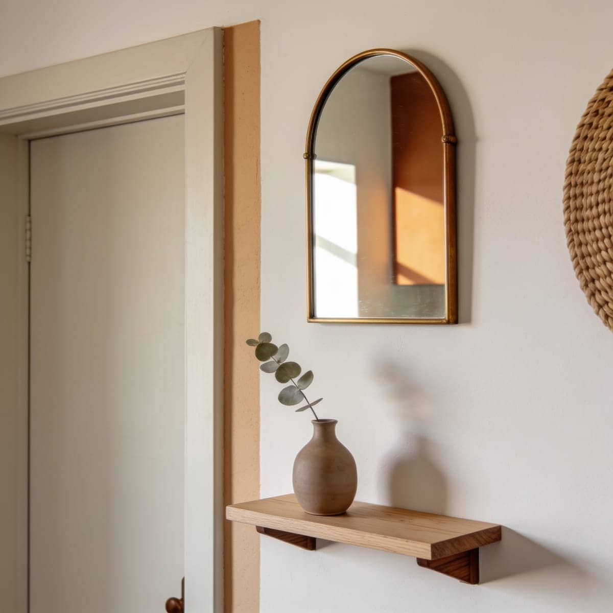 small arched accent mirror on a narrow strip of wall beside a doorway