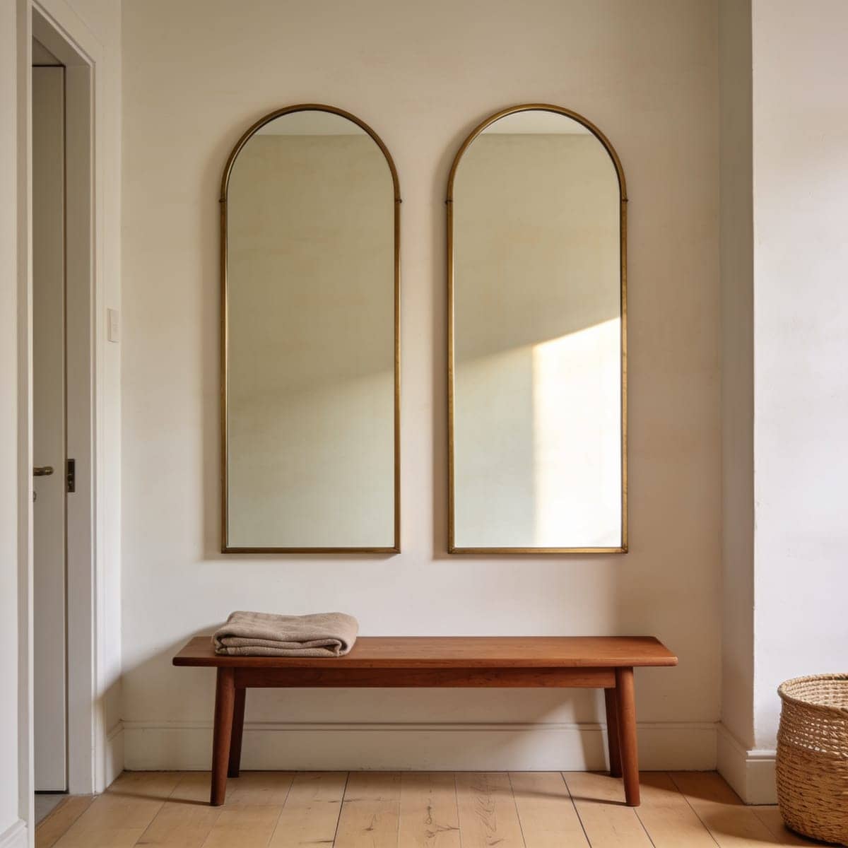pair of matching arched mirrors hung side by side on a narrow wall