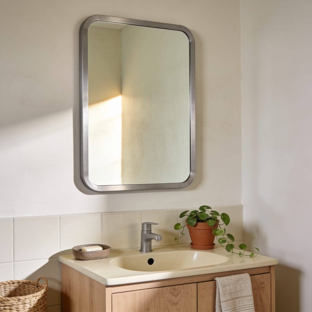 brushed nickel rounded rectangle mirror above a vanity