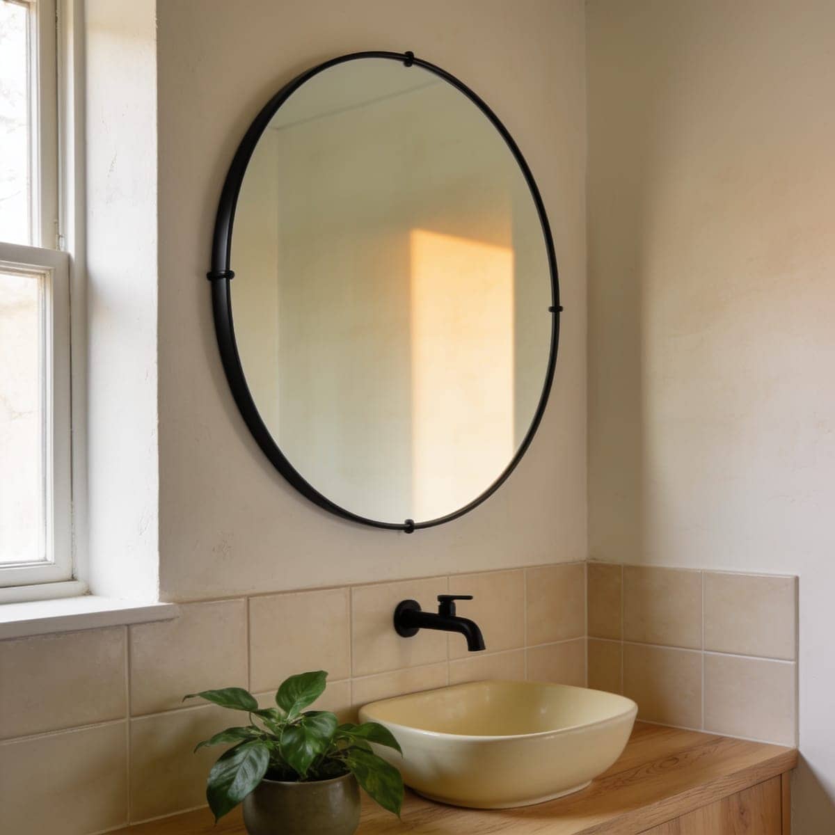 thin matte black round metal mirror above a white sink