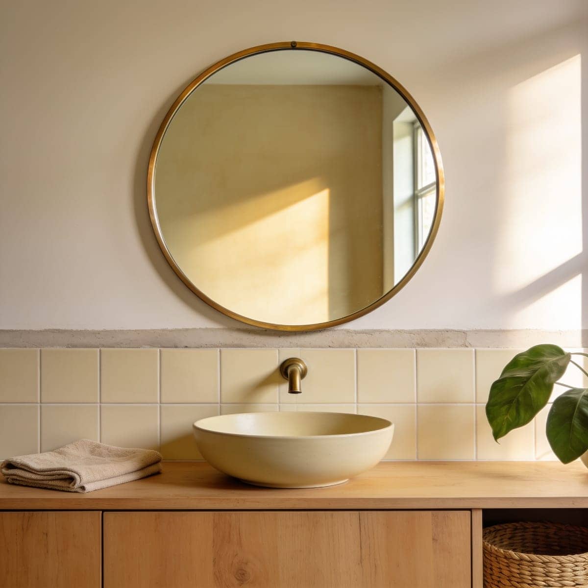 brushed brass round mirror above a warm wood vanity