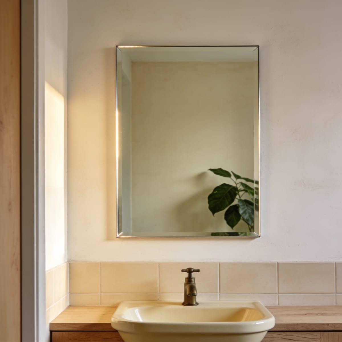 frameless beveled rectangle mirror mounted flush above a vanity