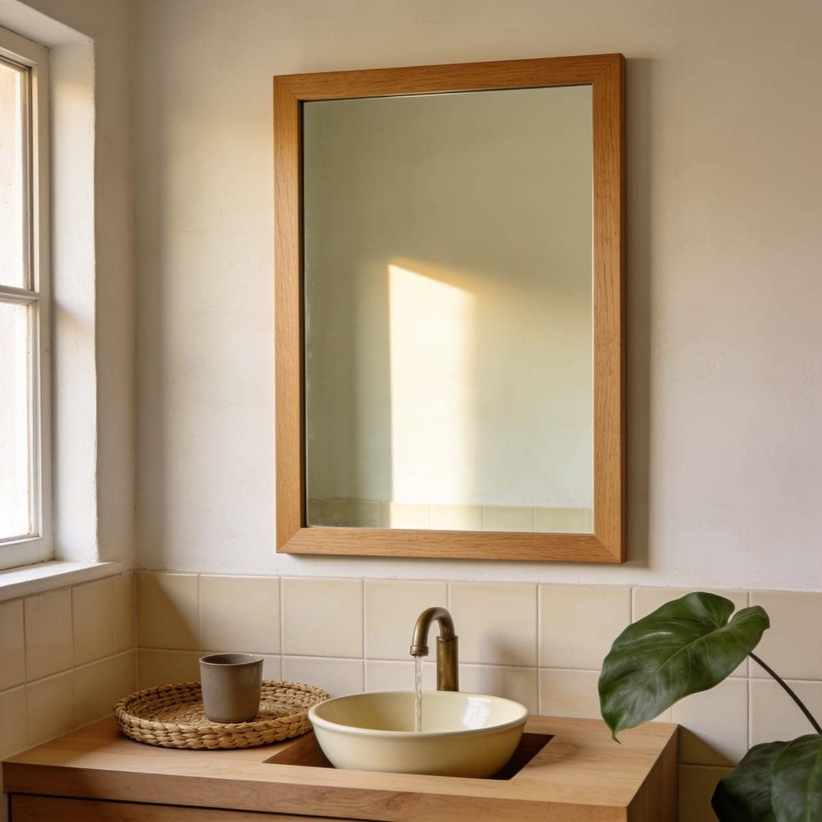 natural light wood framed rectangle mirror in a cozy bathroom