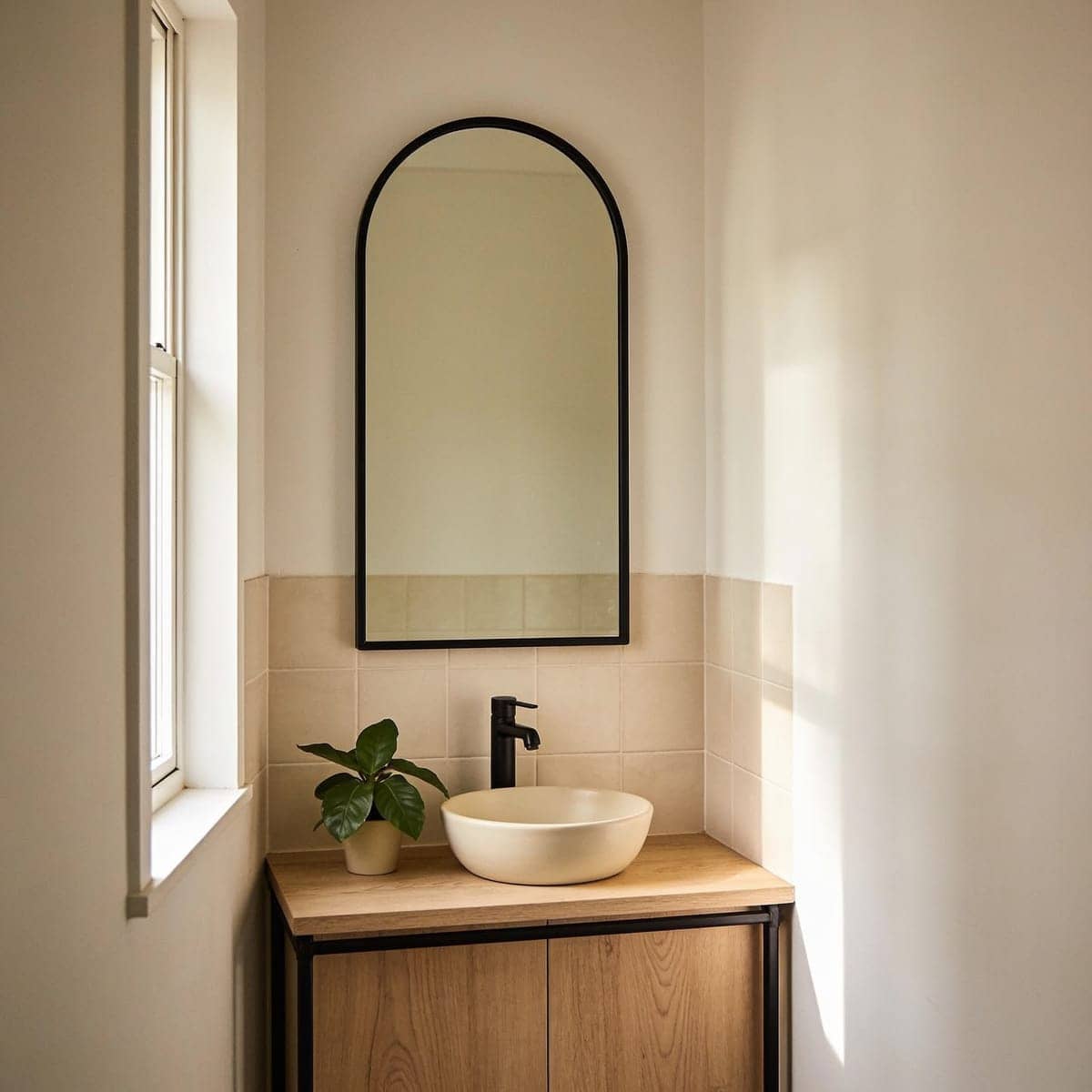 matte black arched mirror above a narrow bathroom vanity