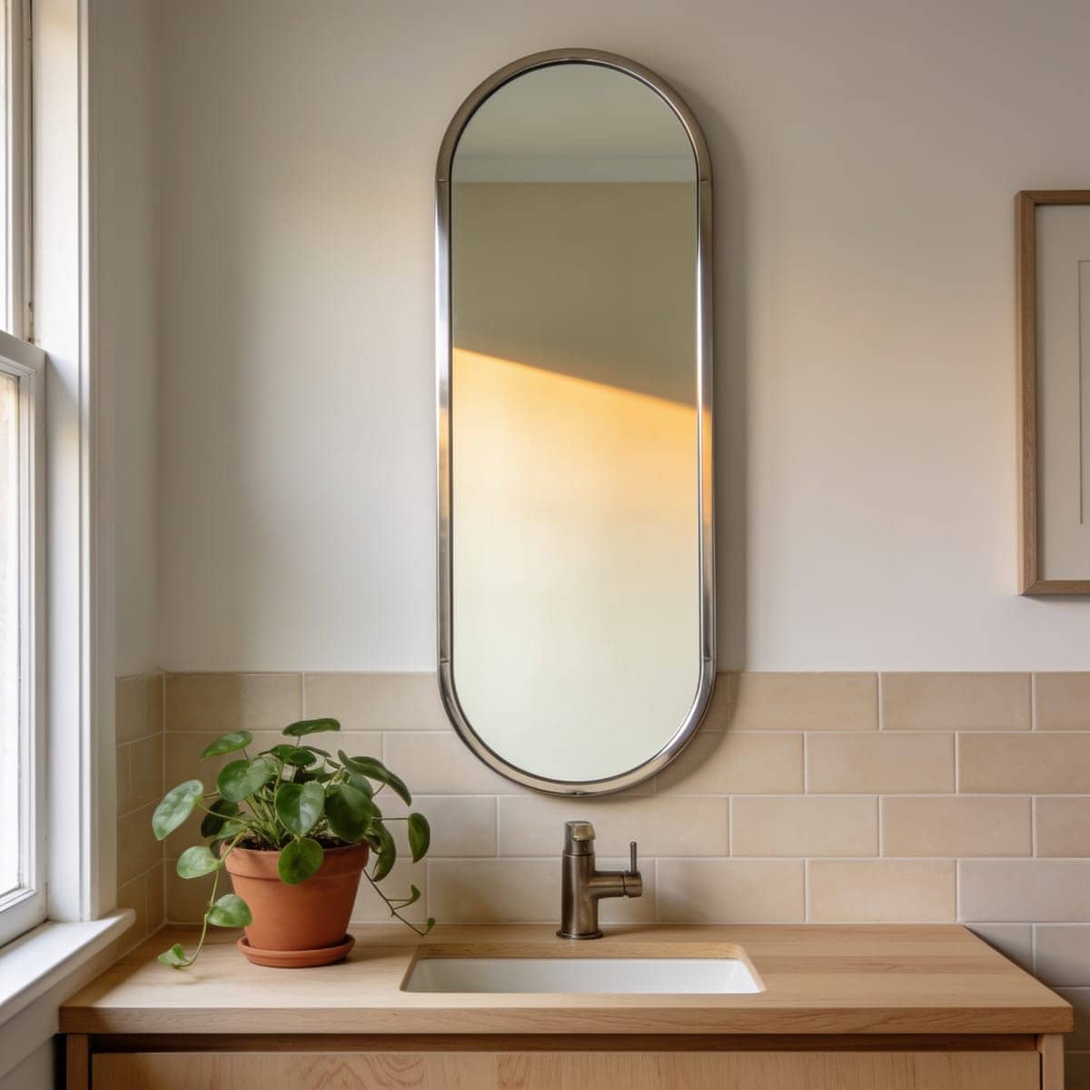 brushed nickel pill shaped mirror above a bathroom sink